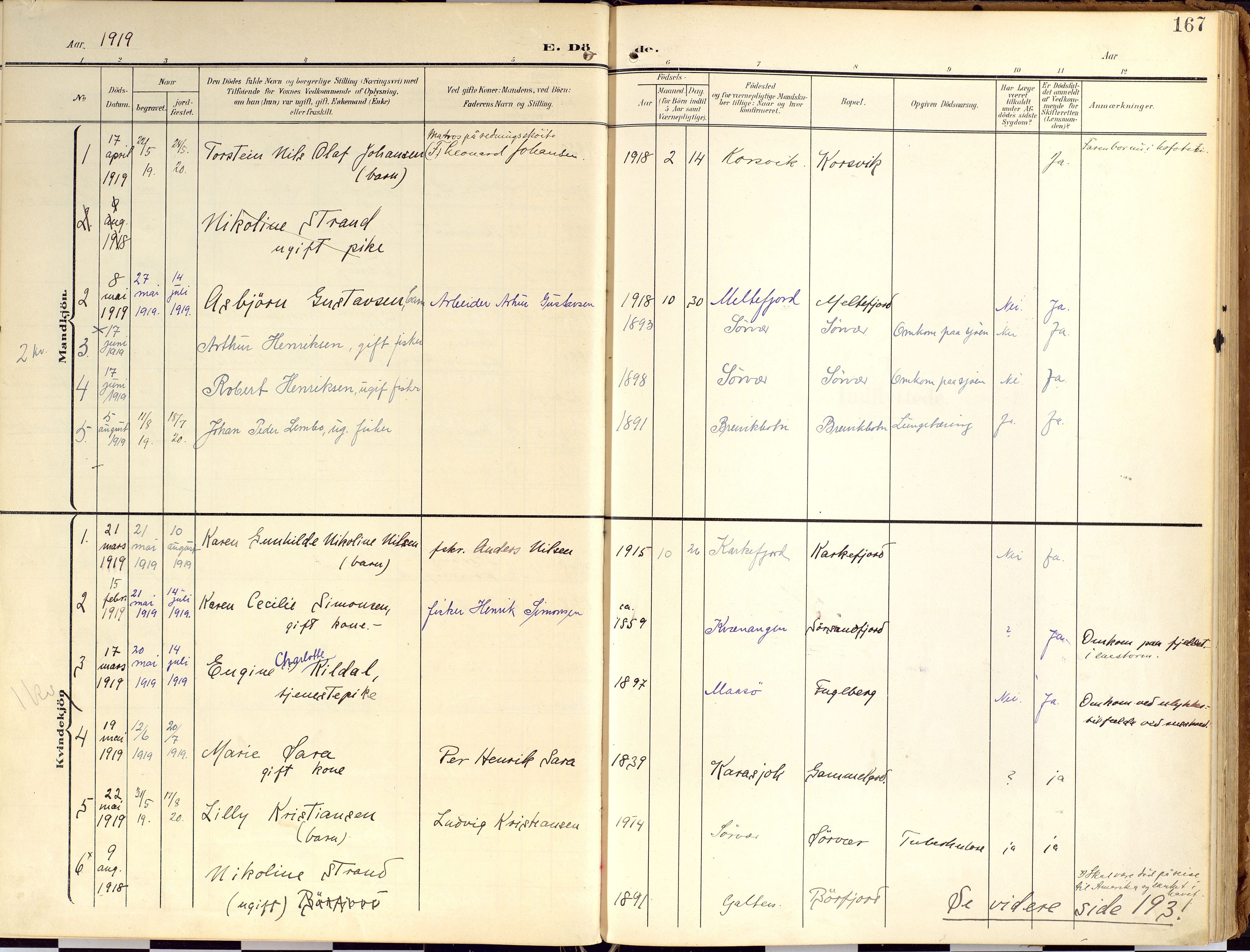 Loppa sokneprestkontor, SATØ/S-1339/H/Ha/L0010kirke: Parish register (official) no. 10, 1907-1922, p. 167