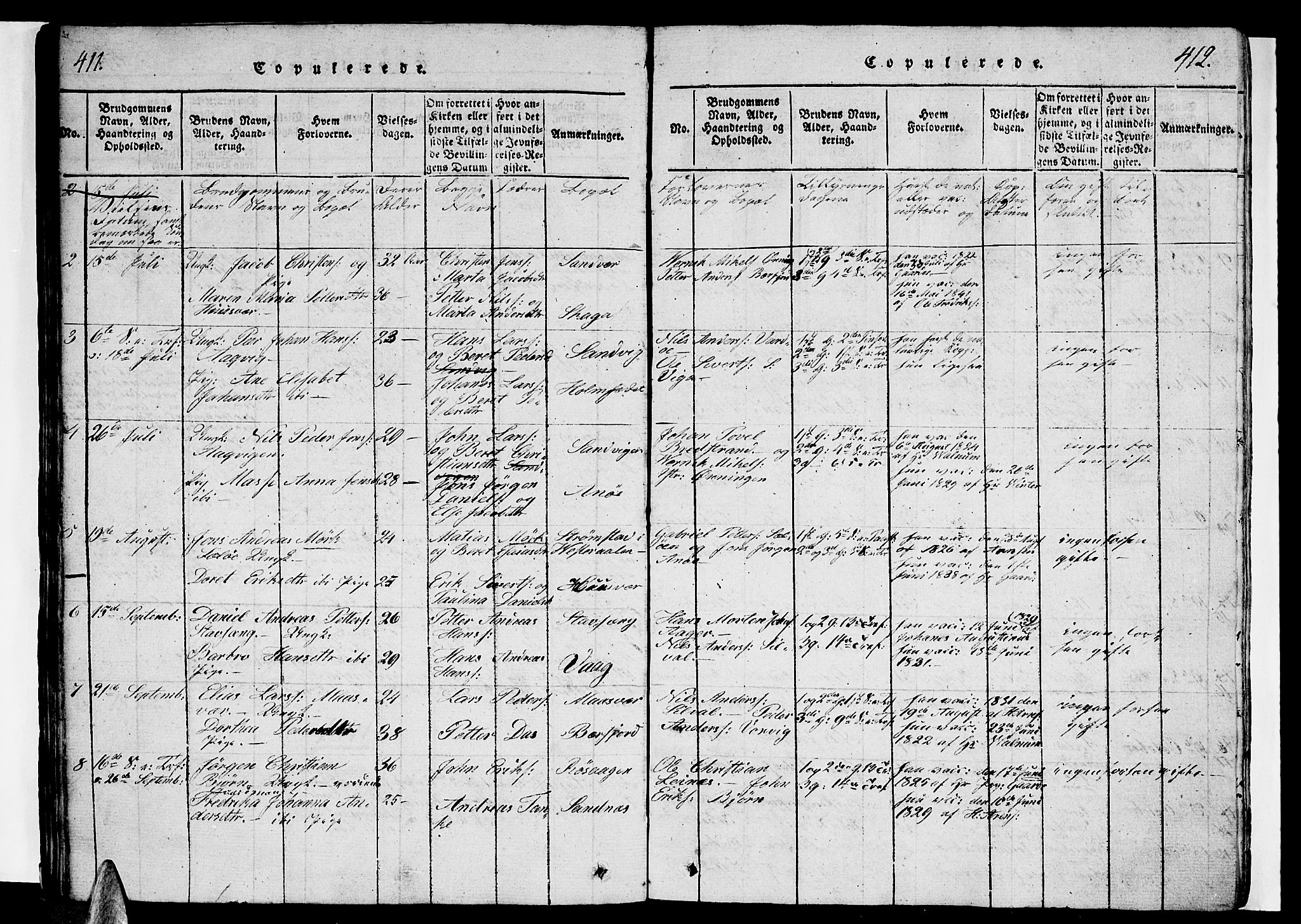 Ministerialprotokoller, klokkerbøker og fødselsregistre - Nordland, AV/SAT-A-1459/834/L0510: Parish register (copy) no. 834C01, 1820-1847, p. 411-412