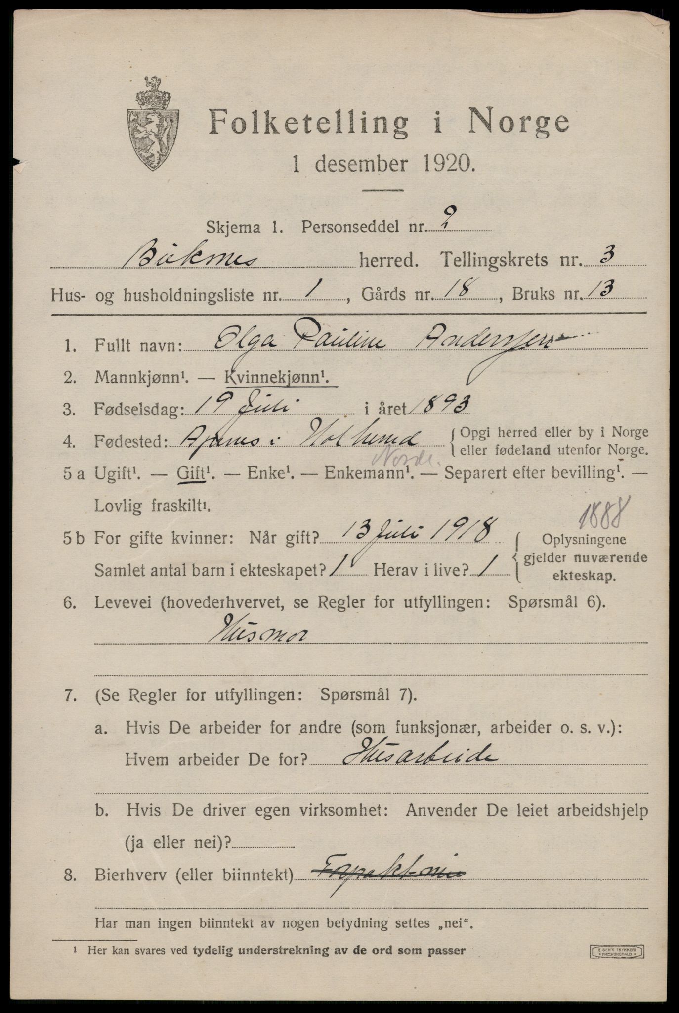 SAT, 1920 census for Buksnes, 1920, p. 3393