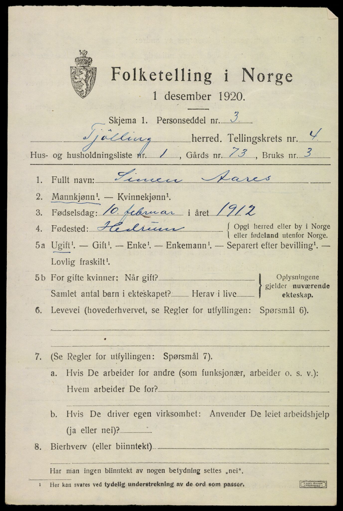 SAKO, 1920 census for Tjølling, 1920, p. 7503