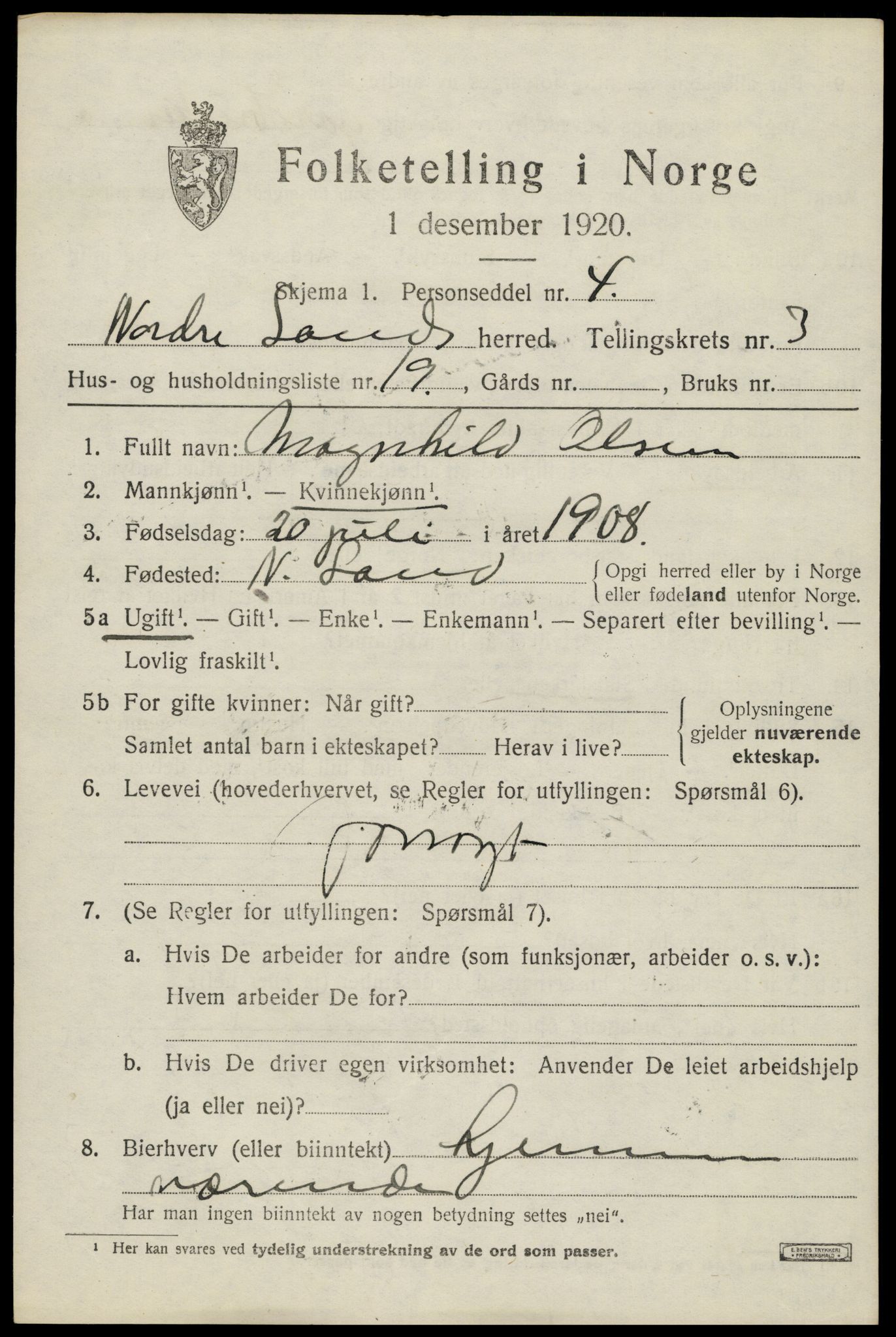 SAH, 1920 census for Nordre Land, 1920, p. 2437