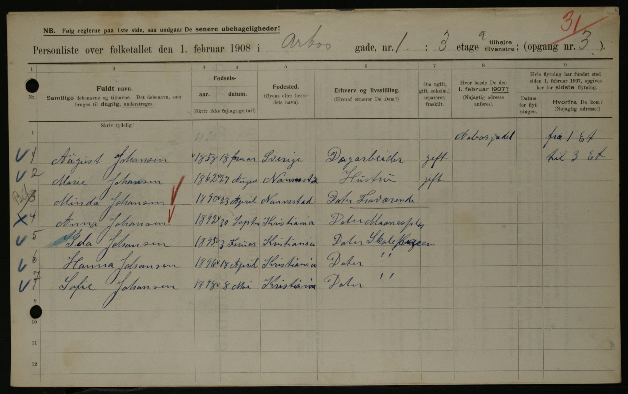 OBA, Municipal Census 1908 for Kristiania, 1908, p. 1960