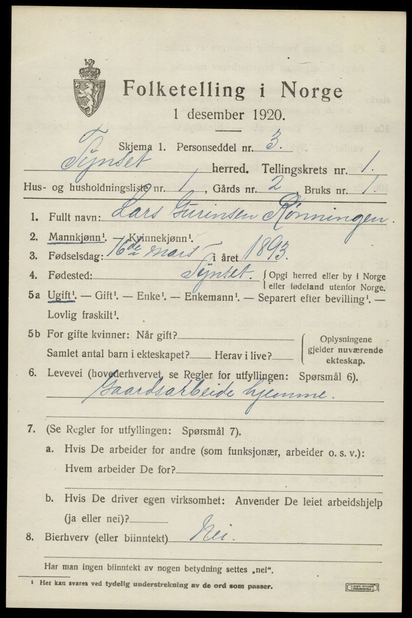 SAH, 1920 census for Tynset, 1920, p. 1540