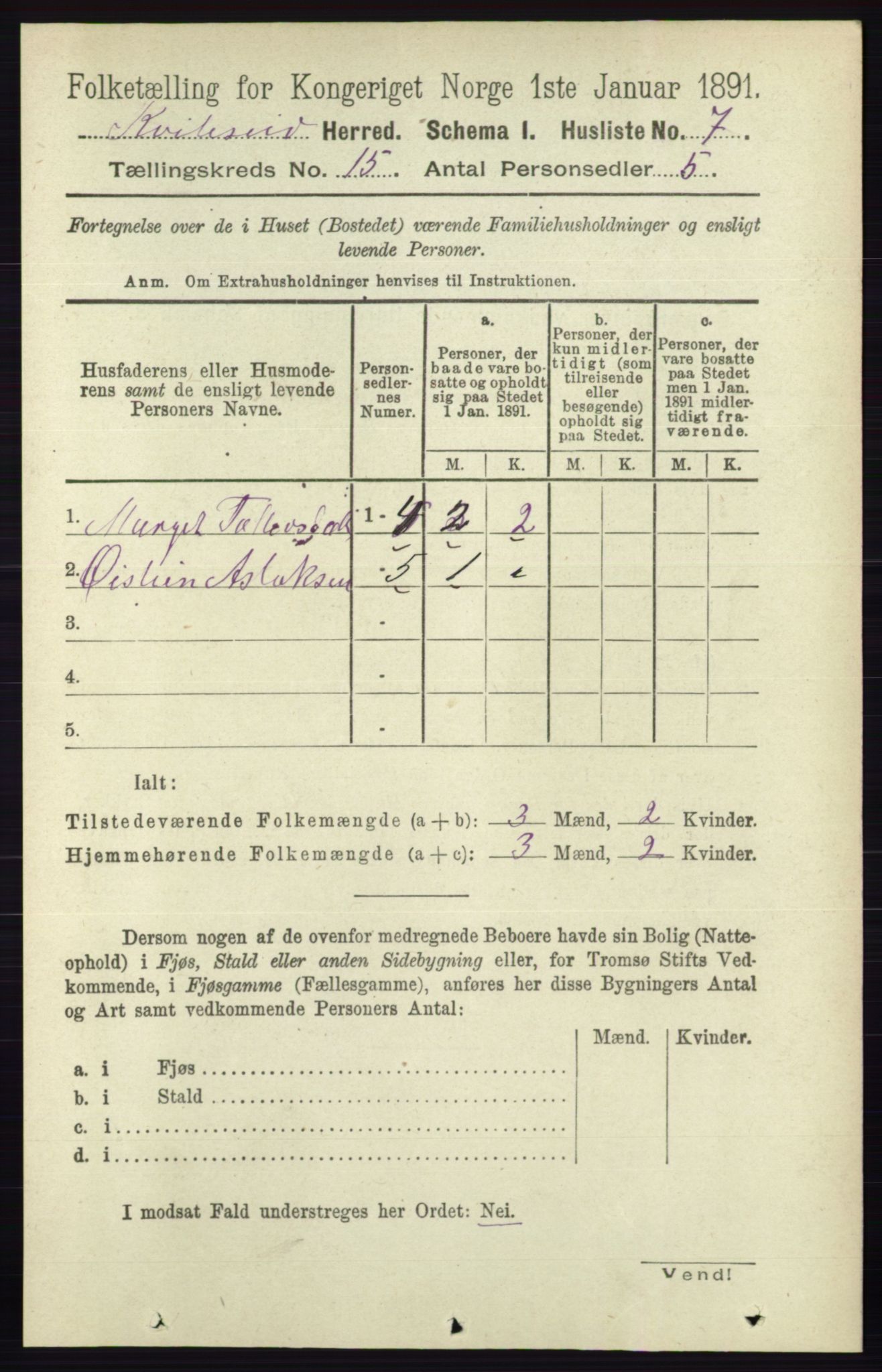 RA, 1891 census for 0829 Kviteseid, 1891, p. 3508