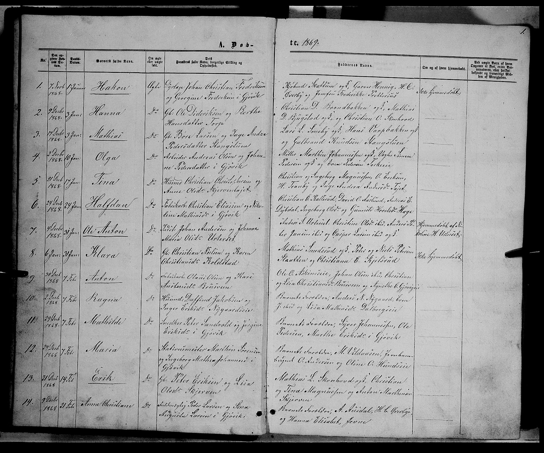 Vardal prestekontor, SAH/PREST-100/H/Ha/Hab/L0006: Parish register (copy) no. 6, 1869-1881, p. 1