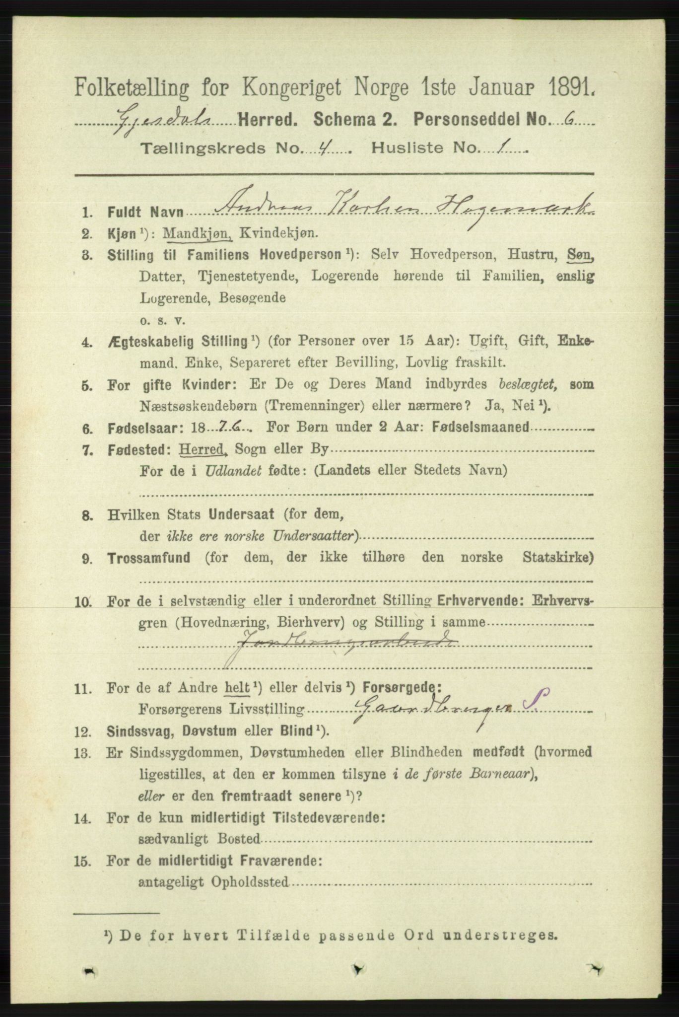 RA, 1891 census for 1122 Gjesdal, 1891, p. 1187