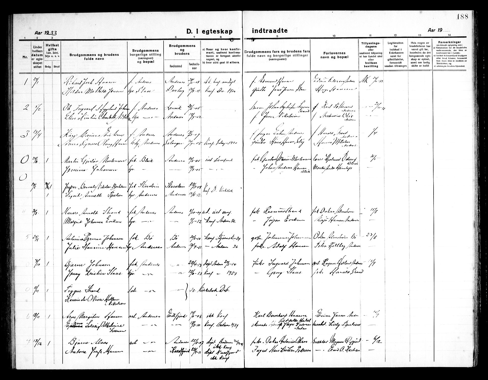 Ministerialprotokoller, klokkerbøker og fødselsregistre - Nordland, SAT/A-1459/899/L1450: Parish register (copy) no. 899C05, 1918-1945, p. 188