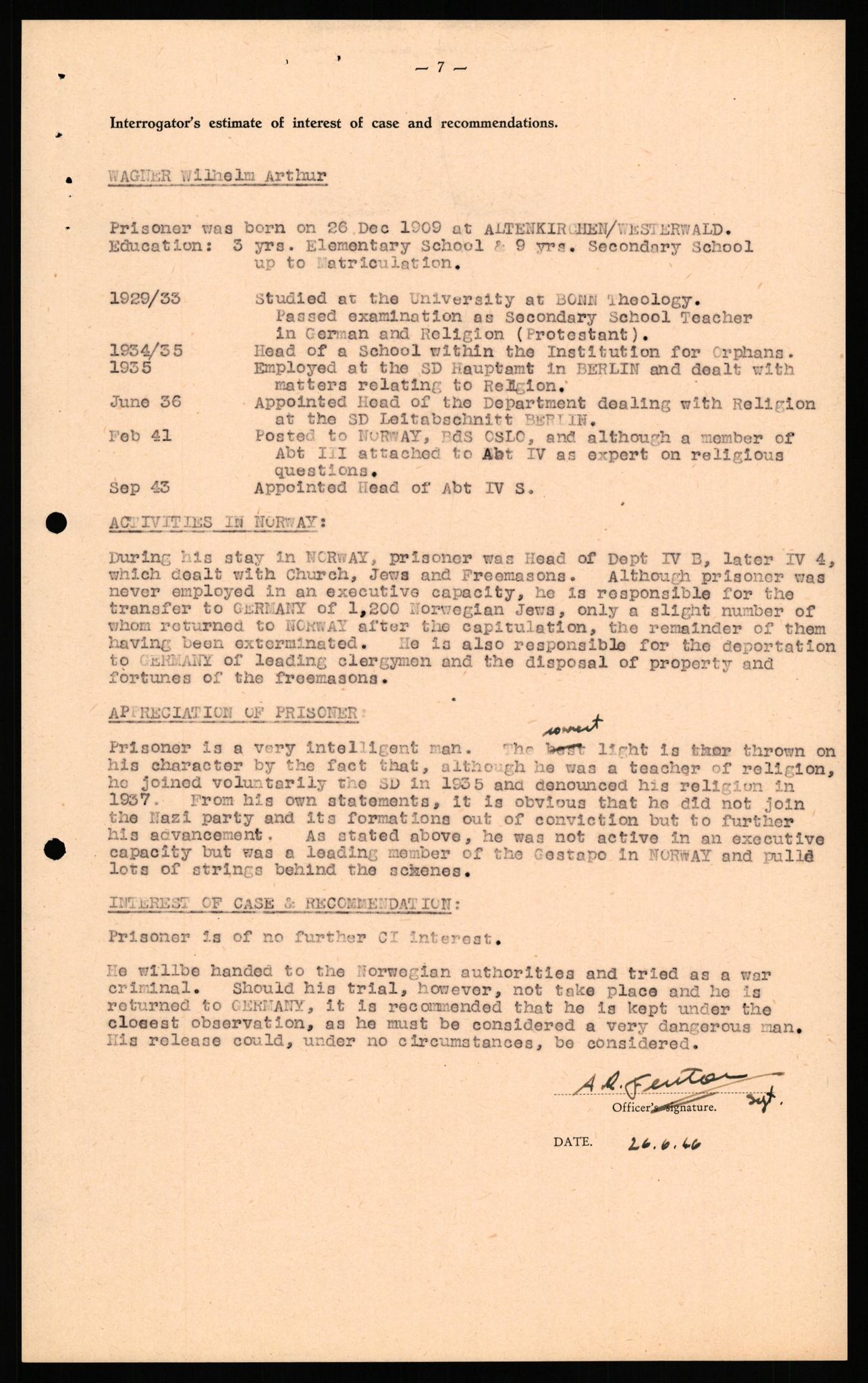 Forsvaret, Forsvarets overkommando II, AV/RA-RAFA-3915/D/Db/L0034: CI Questionaires. Tyske okkupasjonsstyrker i Norge. Tyskere., 1945-1946, p. 396