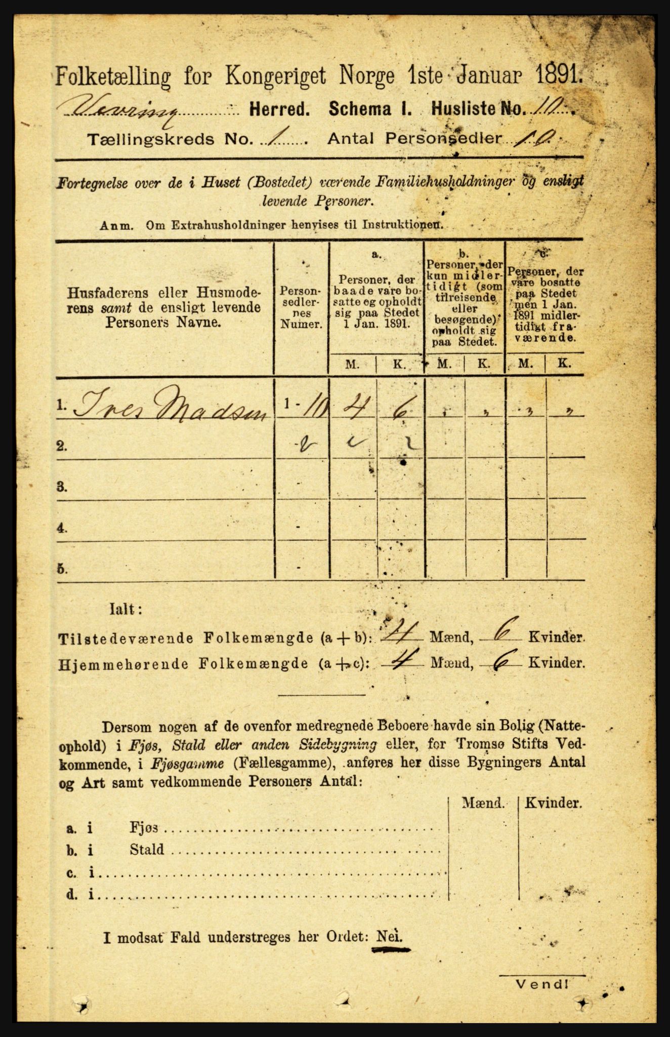 RA, 1891 census for 1434 Vevring, 1891, p. 23