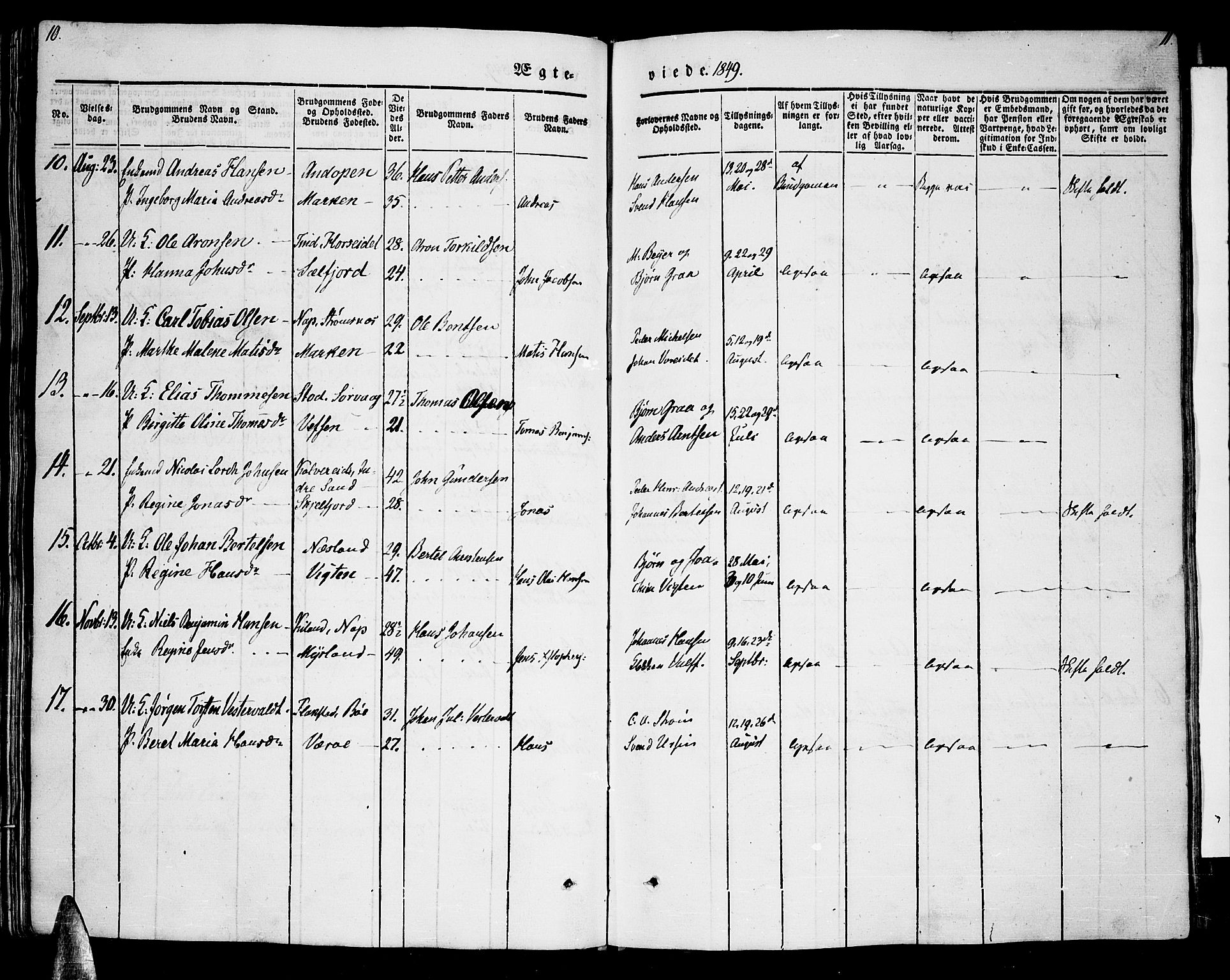 Ministerialprotokoller, klokkerbøker og fødselsregistre - Nordland, AV/SAT-A-1459/885/L1212: Parish register (copy) no. 885C01, 1847-1873, p. 10-11