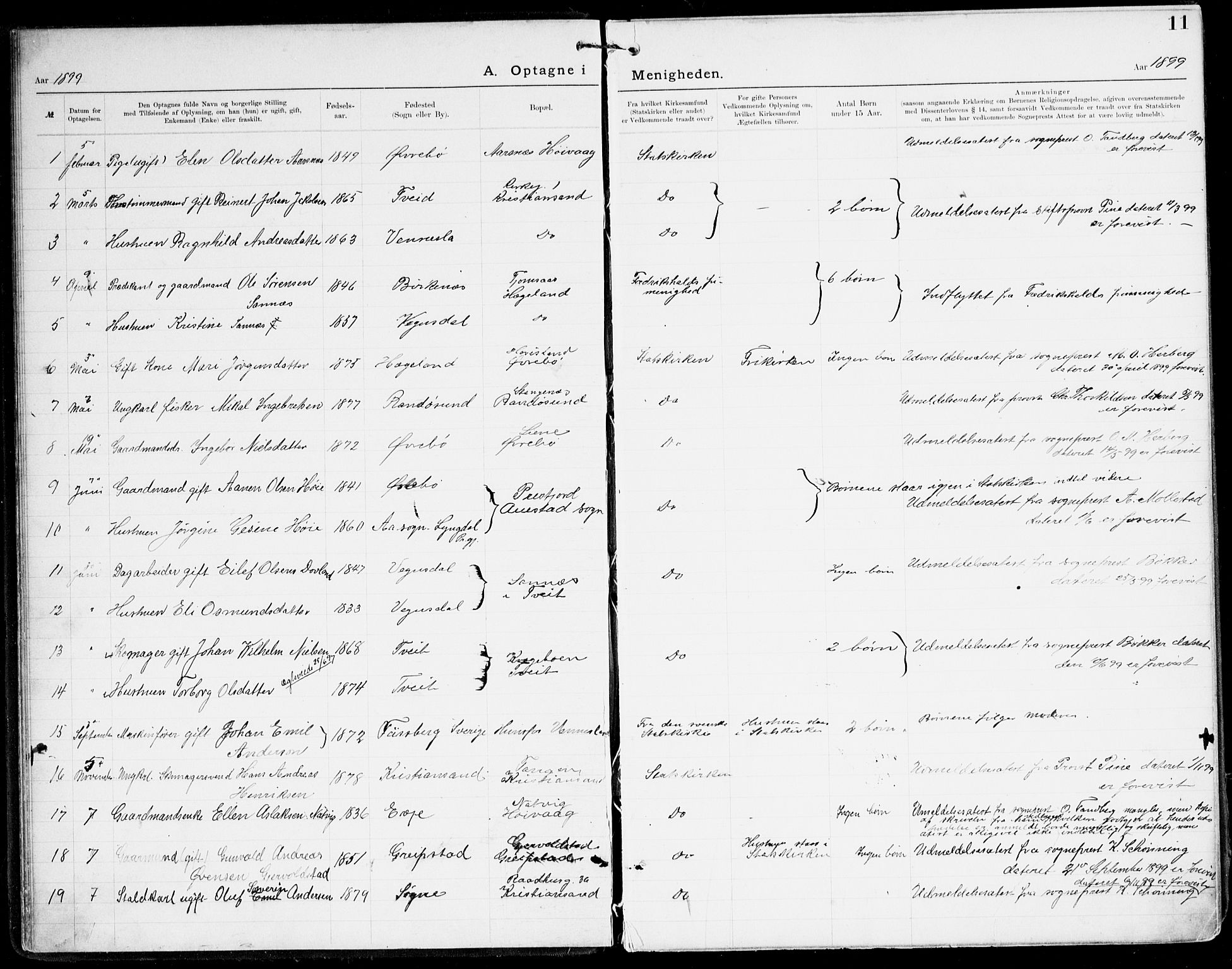 Den evangelisk-lutherske frikirke, Kristiansand, AV/SAK-1292-0017/F/Fa/L0003: Dissenter register no. F 11, 1892-1925, p. 11