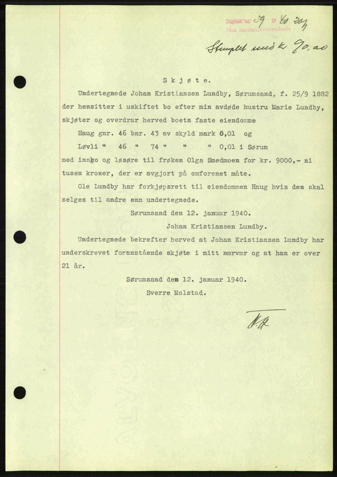 Nes tingrett, SAO/A-10548/G/Gb/Gbb/L0010: Mortgage book no. 54, 1939-1940, Diary no: : 59/1940