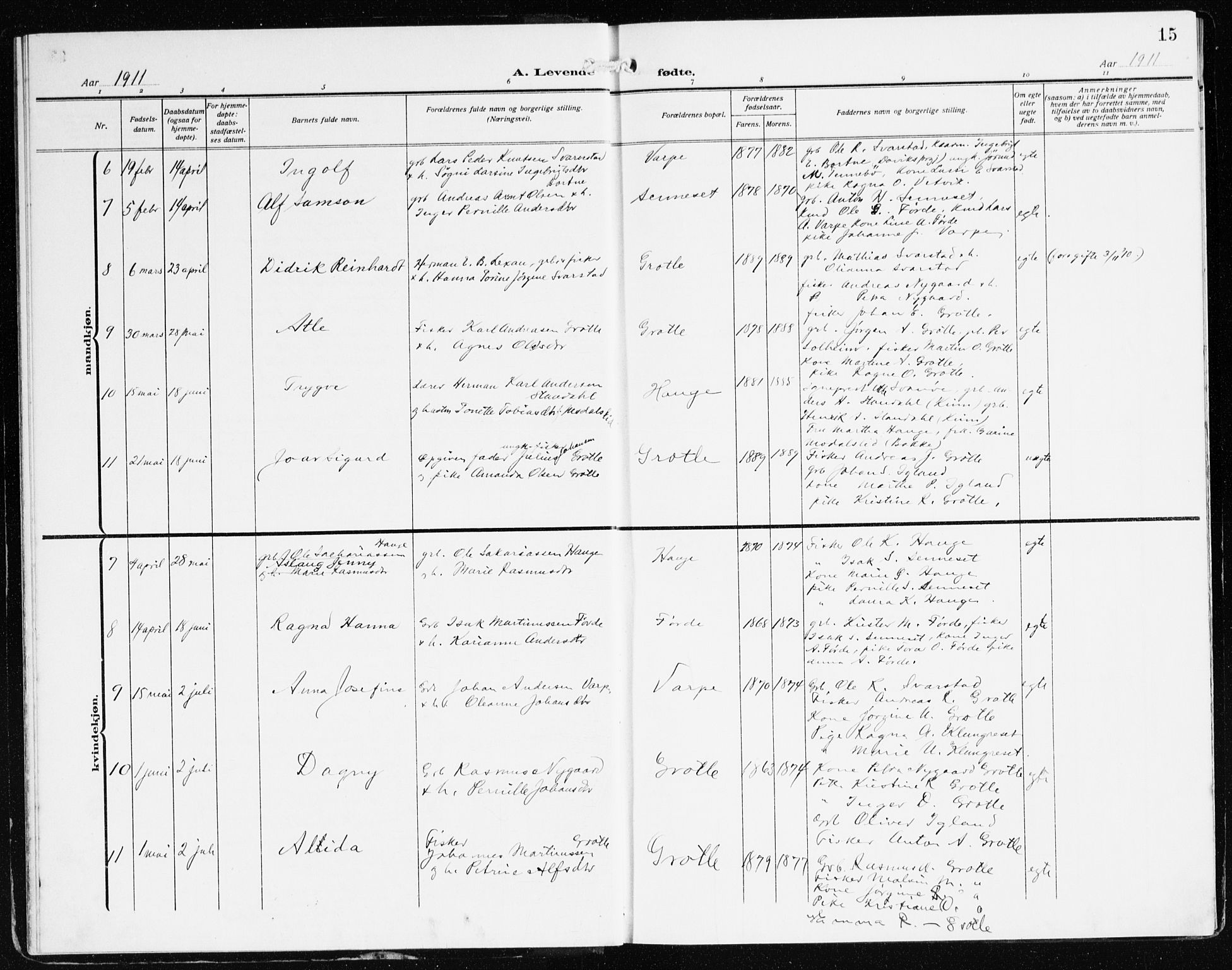 Bremanger sokneprestembete, SAB/A-82201/H/Haa/Haac/L0001: Parish register (official) no. C 1, 1908-1921, p. 15