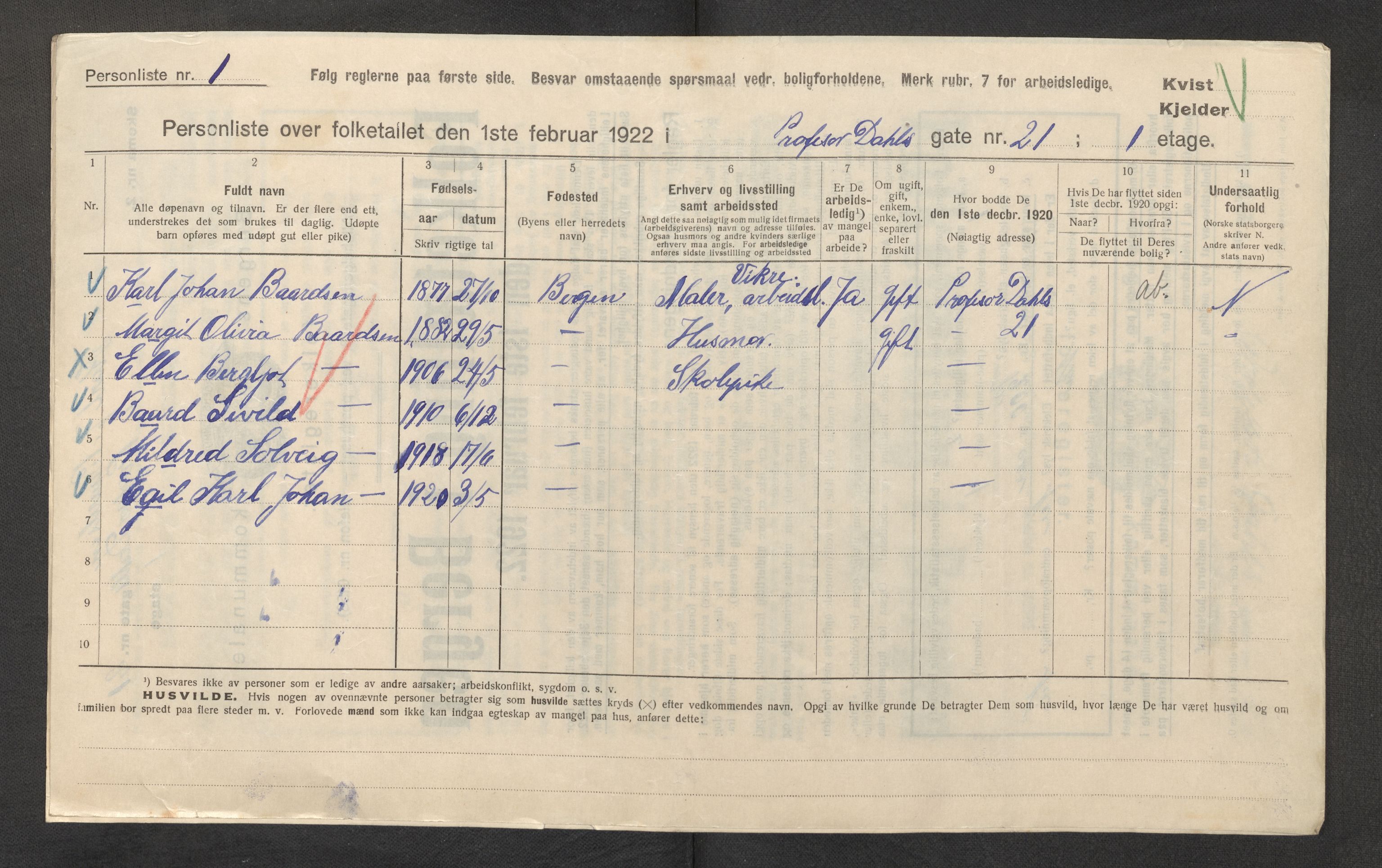 SAB, Municipal Census 1922 for Bergen, 1922, p. 31583