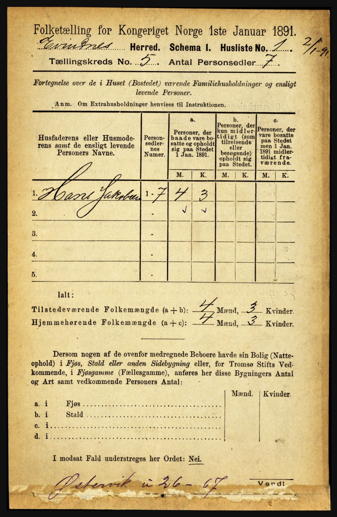 RA, 1891 census for 1853 Evenes, 1891, p. 1583