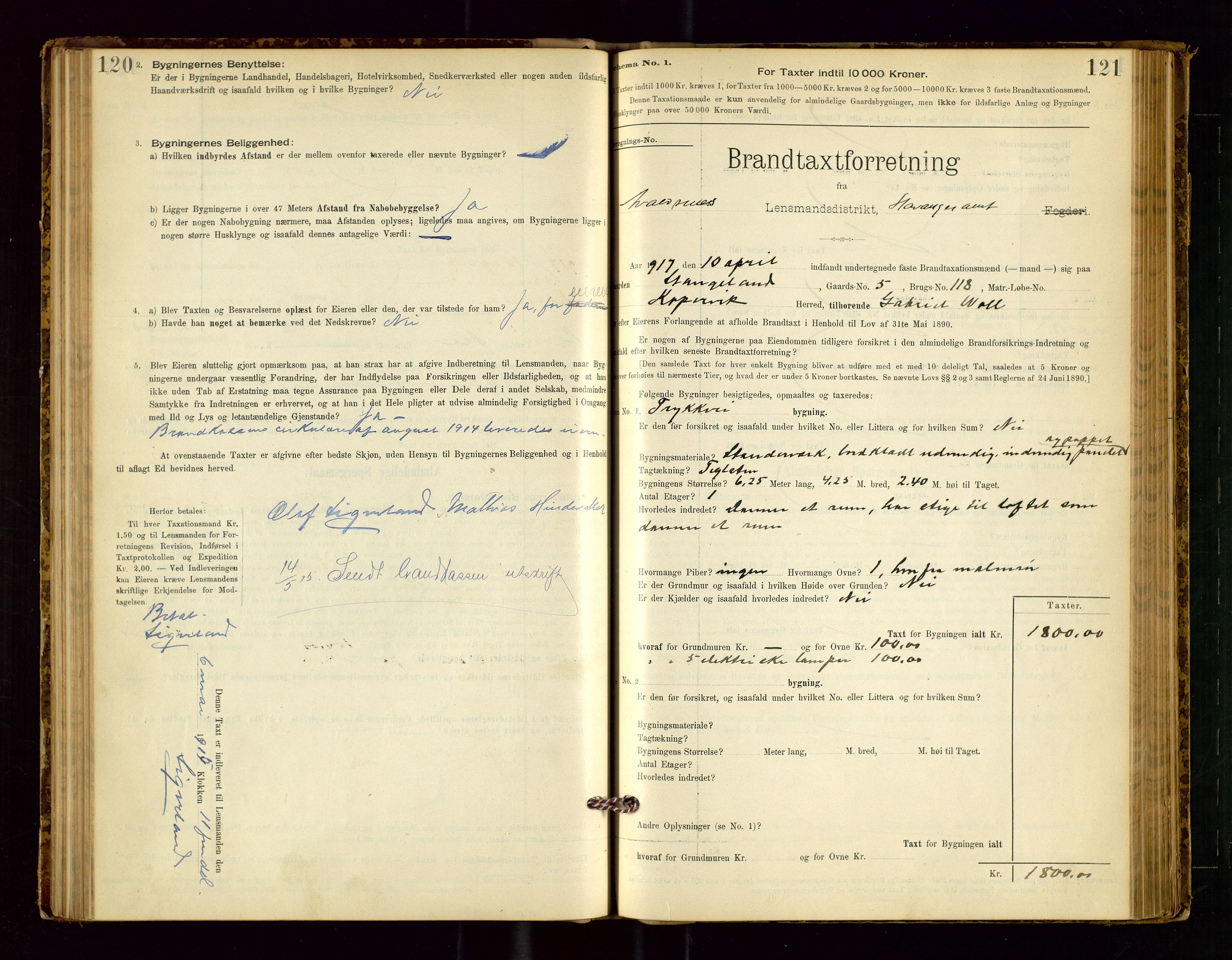 Avaldsnes lensmannskontor, SAST/A-100286/Gob/L0001: "Brandtaxationsprotokol for Avaldsnes Lensmandsdistrikt Ryfylke Fogderi", 1894-1925, p. 120-121