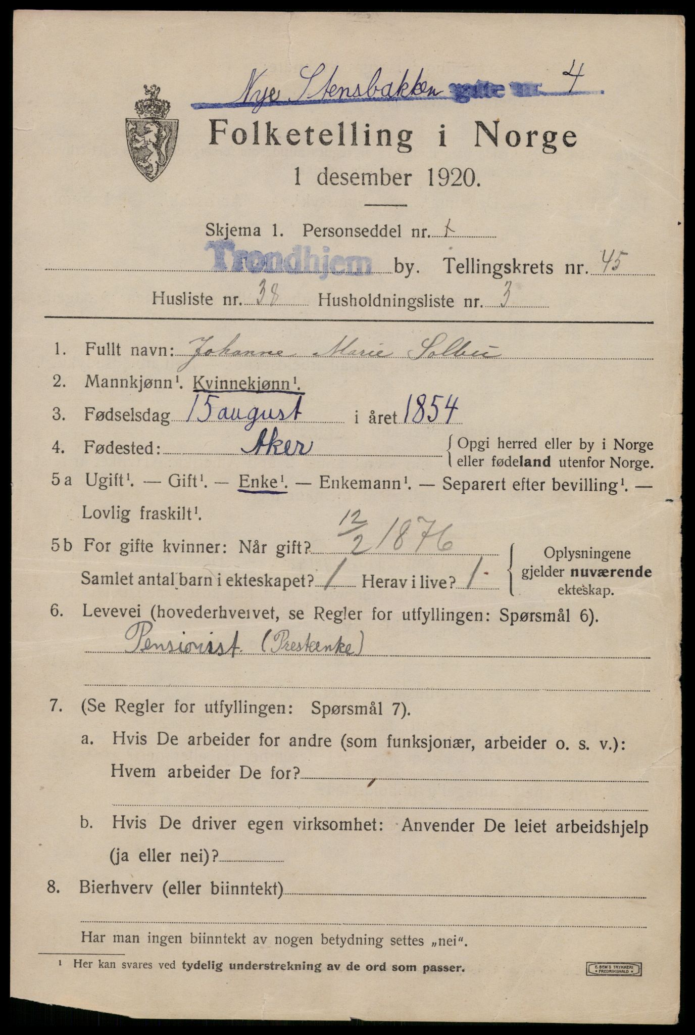 SAT, 1920 census for Trondheim, 1920, p. 97602