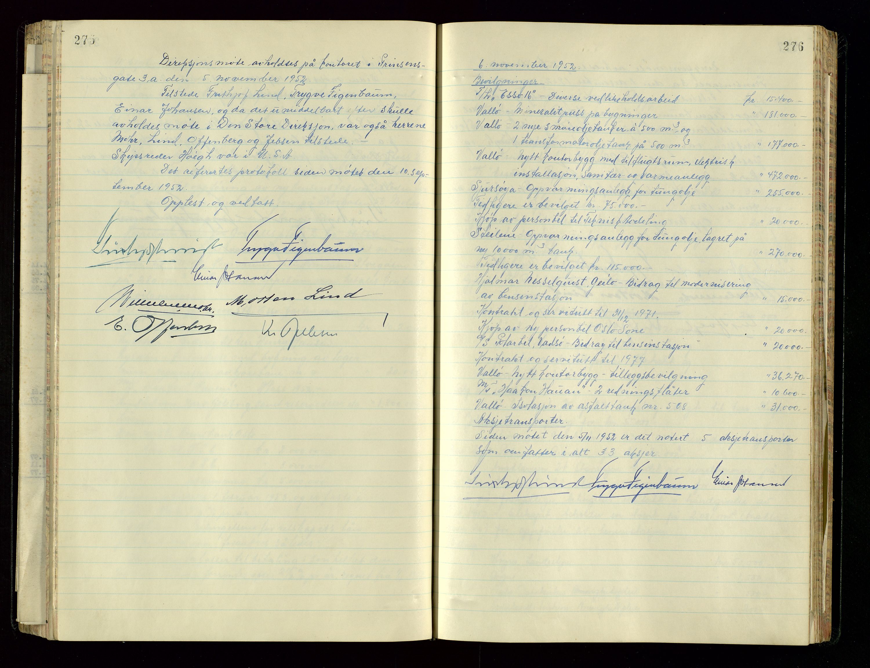 PA 1534 - Østlandske Petroleumscompagni A/S, AV/SAST-A-101954/A/Aa/L0005/0001: Direksjonsprotokoller / Den Administrerende Direksjon alle selskaper (referatprotokoll), 1943-1958, p. 275-276