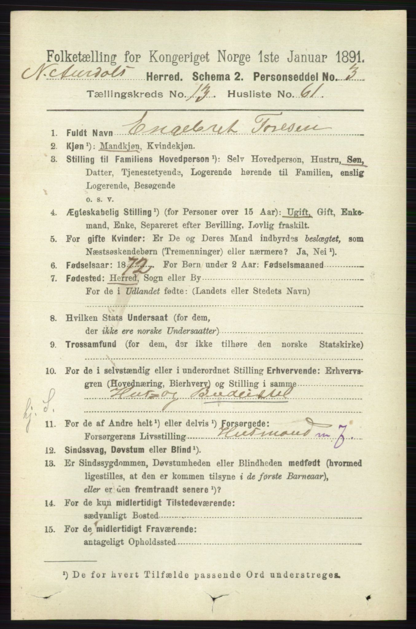 RA, 1891 census for 0542 Nord-Aurdal, 1891, p. 5125