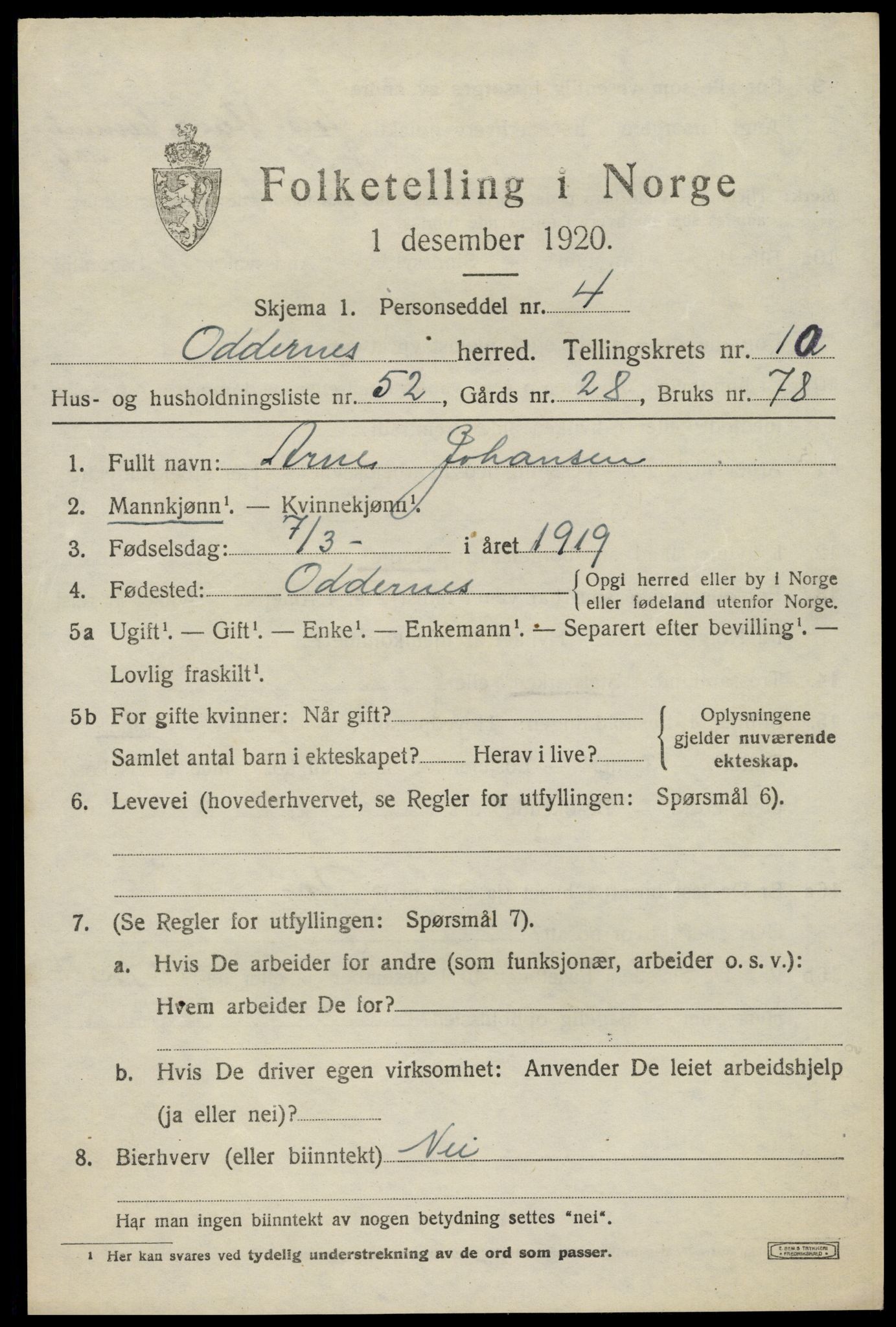 SAK, 1920 census for Oddernes, 1920, p. 7059