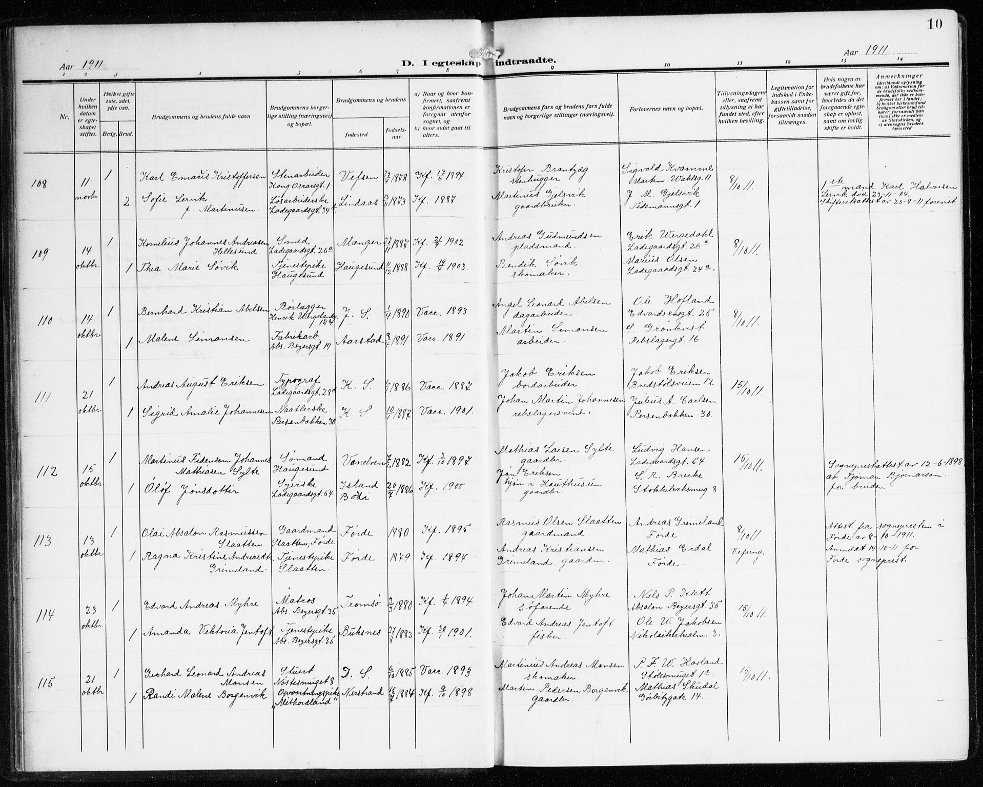 Sandviken Sokneprestembete, SAB/A-77601/H/Ha/L0015: Parish register (official) no. D 2, 1911-1923, p. 10