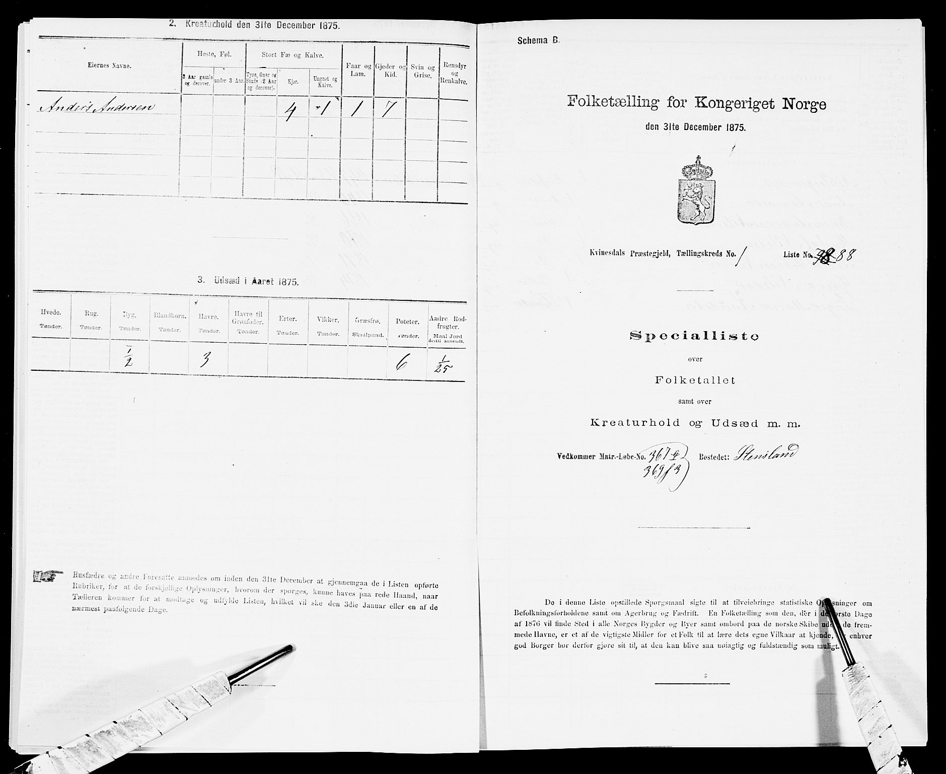 SAK, 1875 census for 1037P Kvinesdal, 1875, p. 267