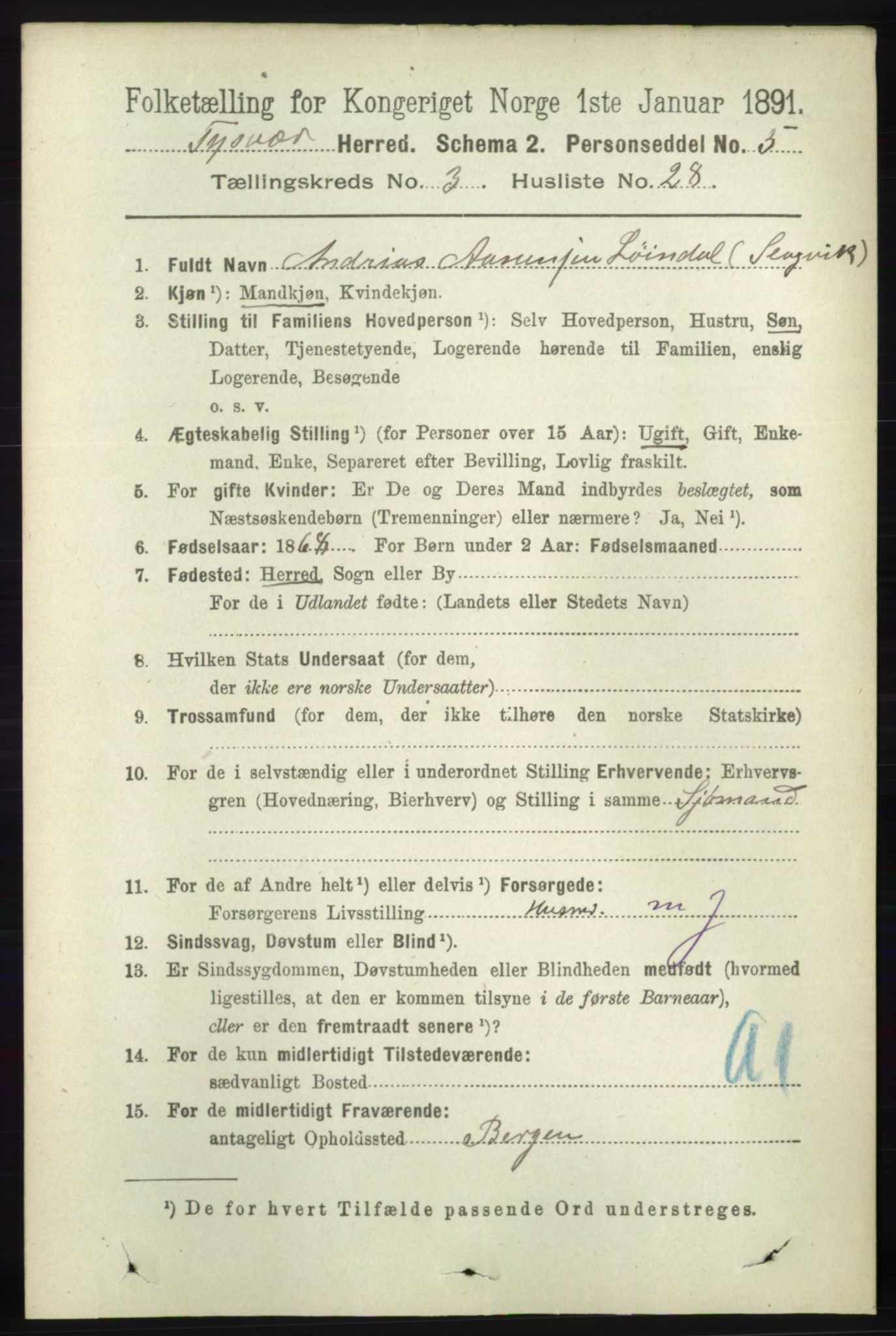 RA, 1891 census for 1146 Tysvær, 1891, p. 1370