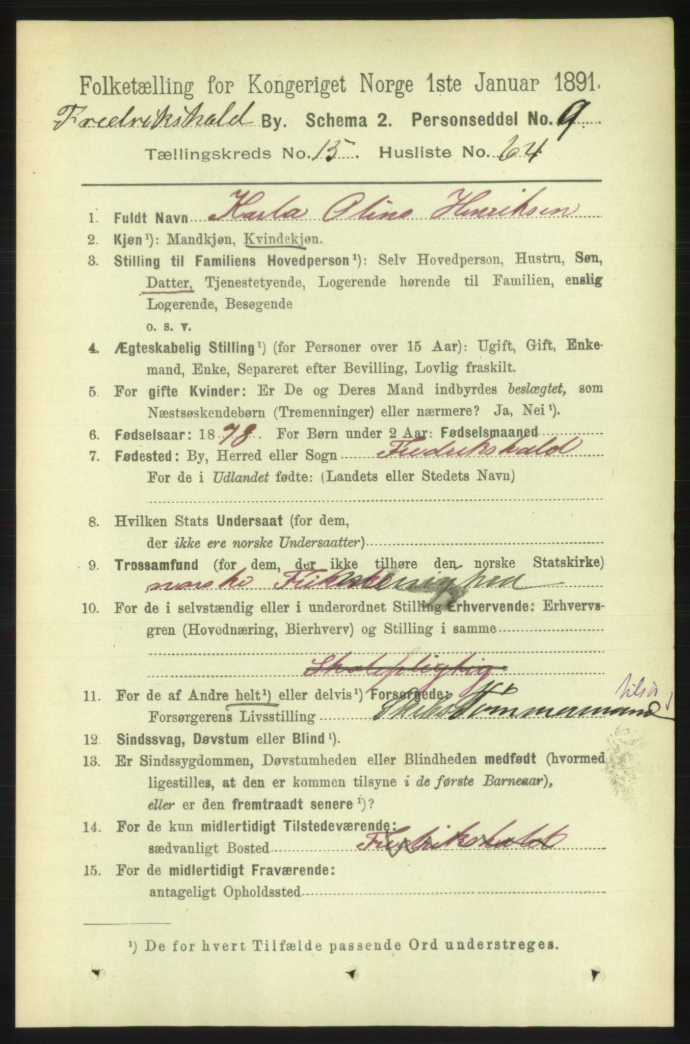 RA, 1891 census for 0101 Fredrikshald, 1891, p. 10188