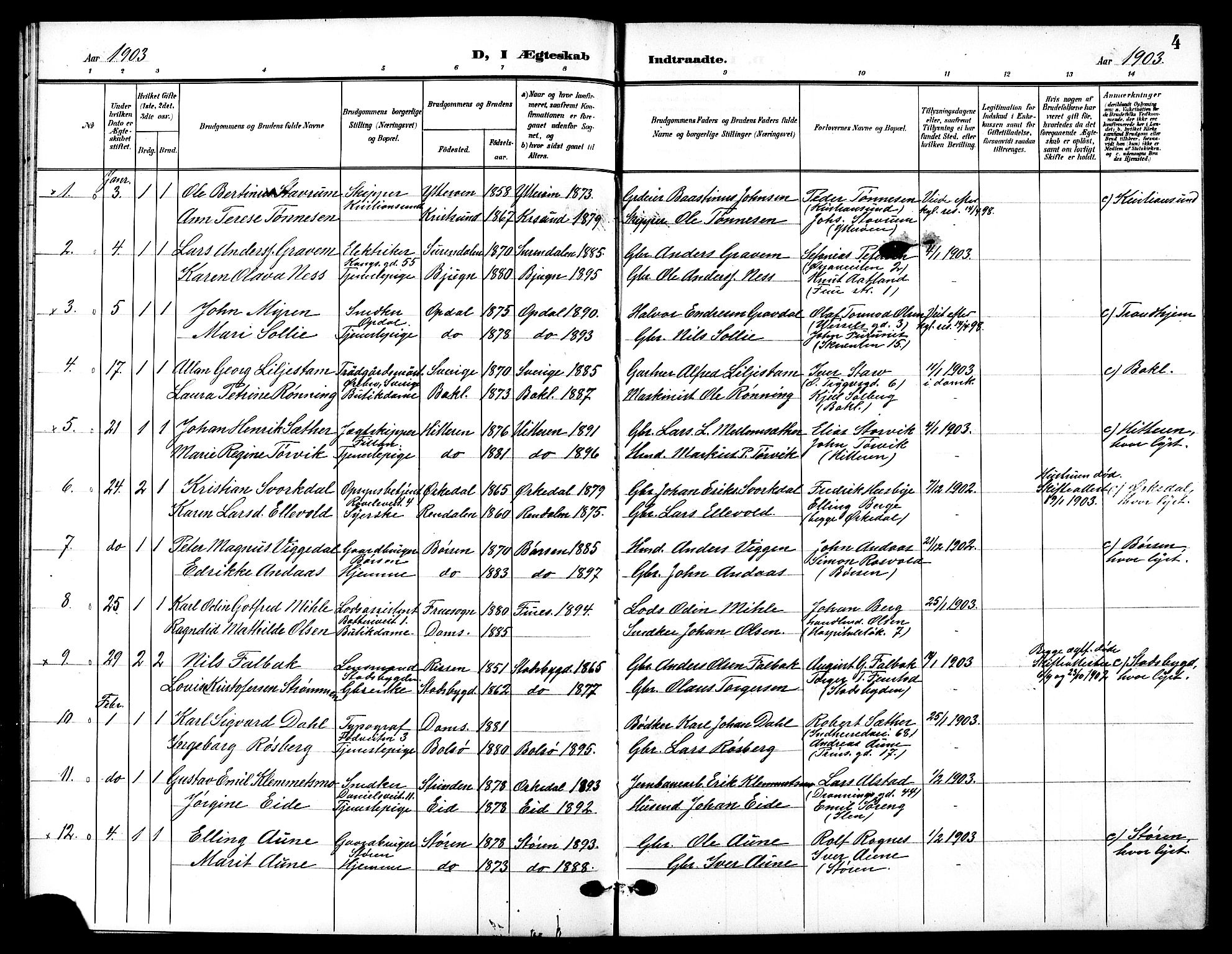 Ministerialprotokoller, klokkerbøker og fødselsregistre - Sør-Trøndelag, SAT/A-1456/601/L0095: Parish register (copy) no. 601C13, 1902-1911, p. 4