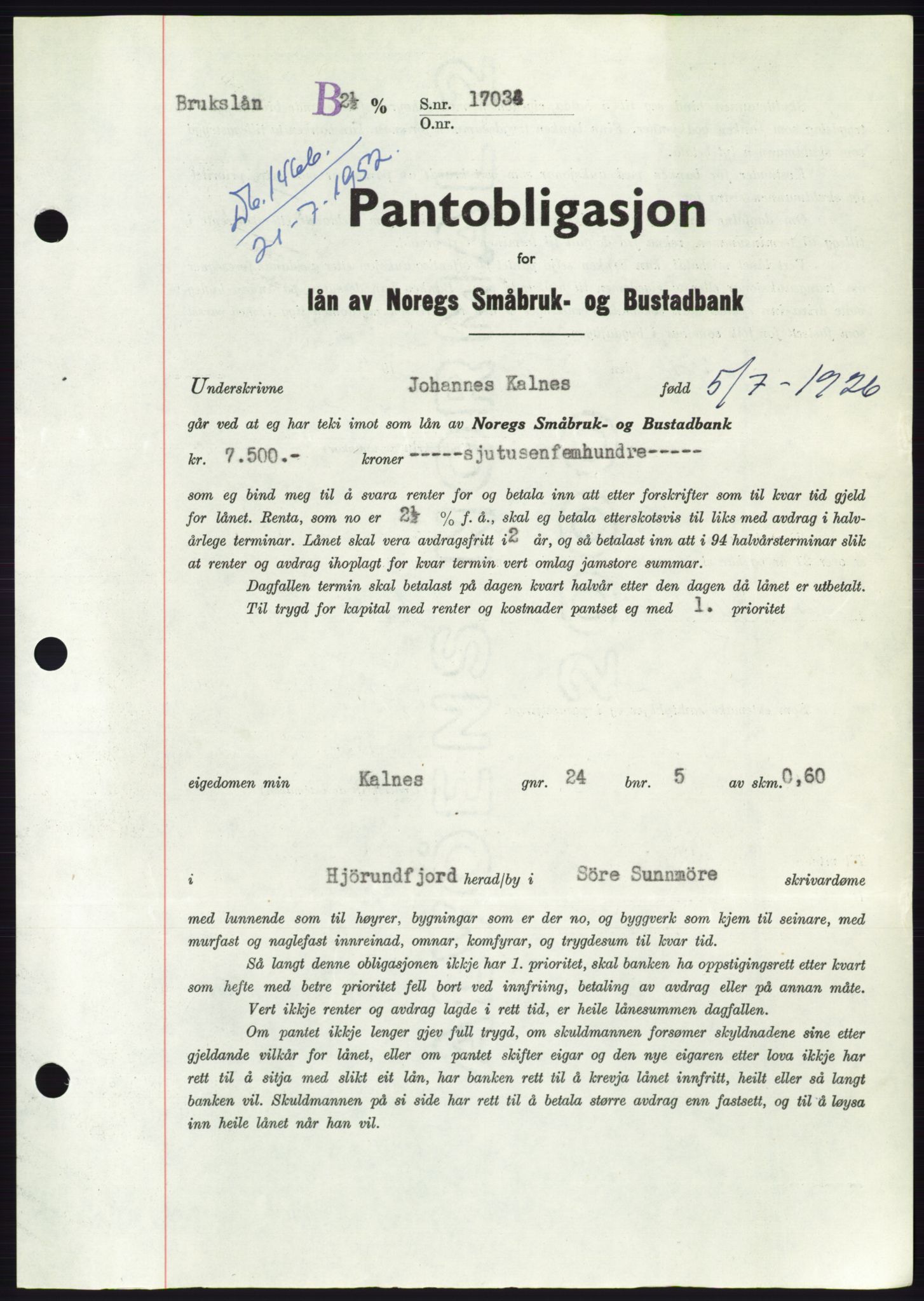 Søre Sunnmøre sorenskriveri, AV/SAT-A-4122/1/2/2C/L0121: Mortgage book no. 9B, 1951-1952, Diary no: : 1466/1952