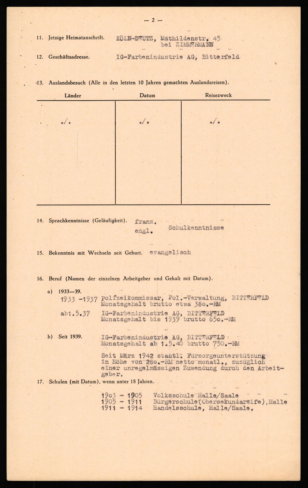 Forsvaret, Forsvarets overkommando II, AV/RA-RAFA-3915/D/Db/L0037: CI Questionaires. Tyske okkupasjonsstyrker i Norge. Tyskere., 1945-1946, p. 3