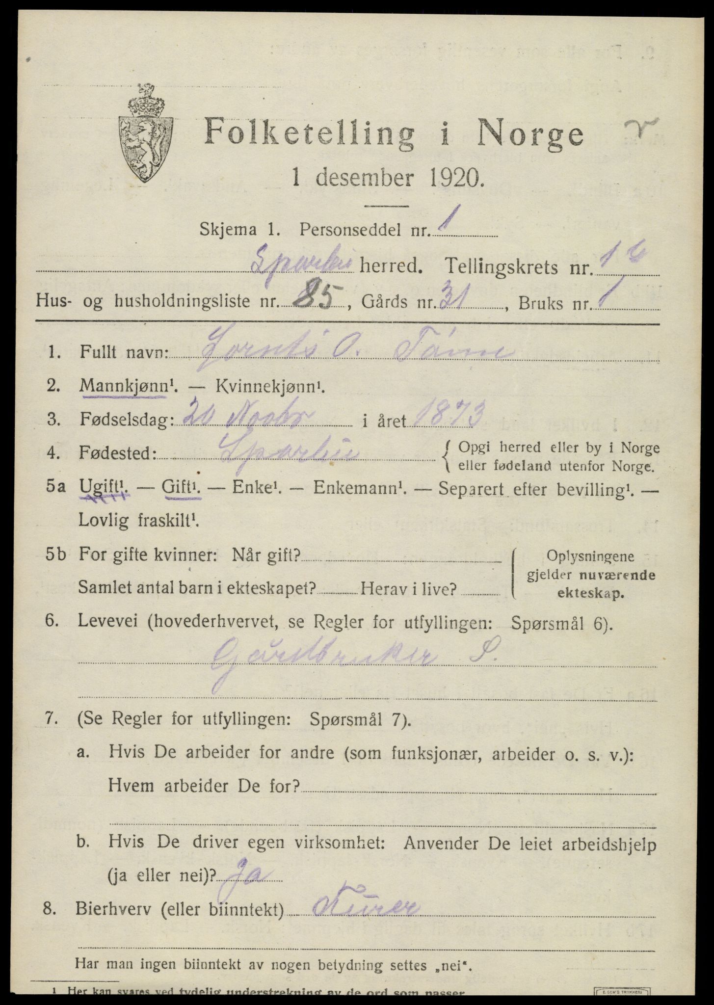 SAT, 1920 census for Sparbu, 1920, p. 3179