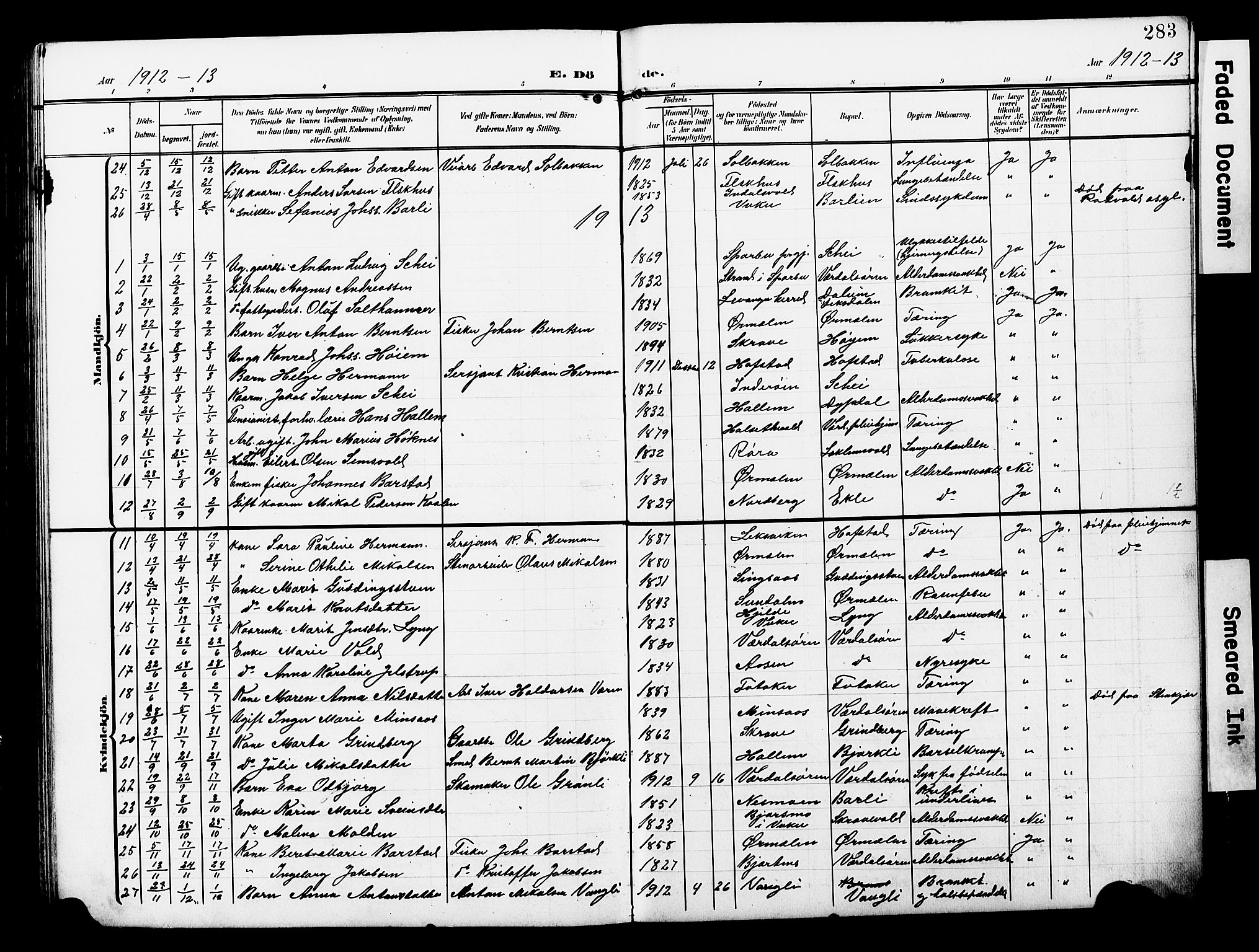 Ministerialprotokoller, klokkerbøker og fødselsregistre - Nord-Trøndelag, SAT/A-1458/723/L0258: Parish register (copy) no. 723C06, 1908-1927, p. 283