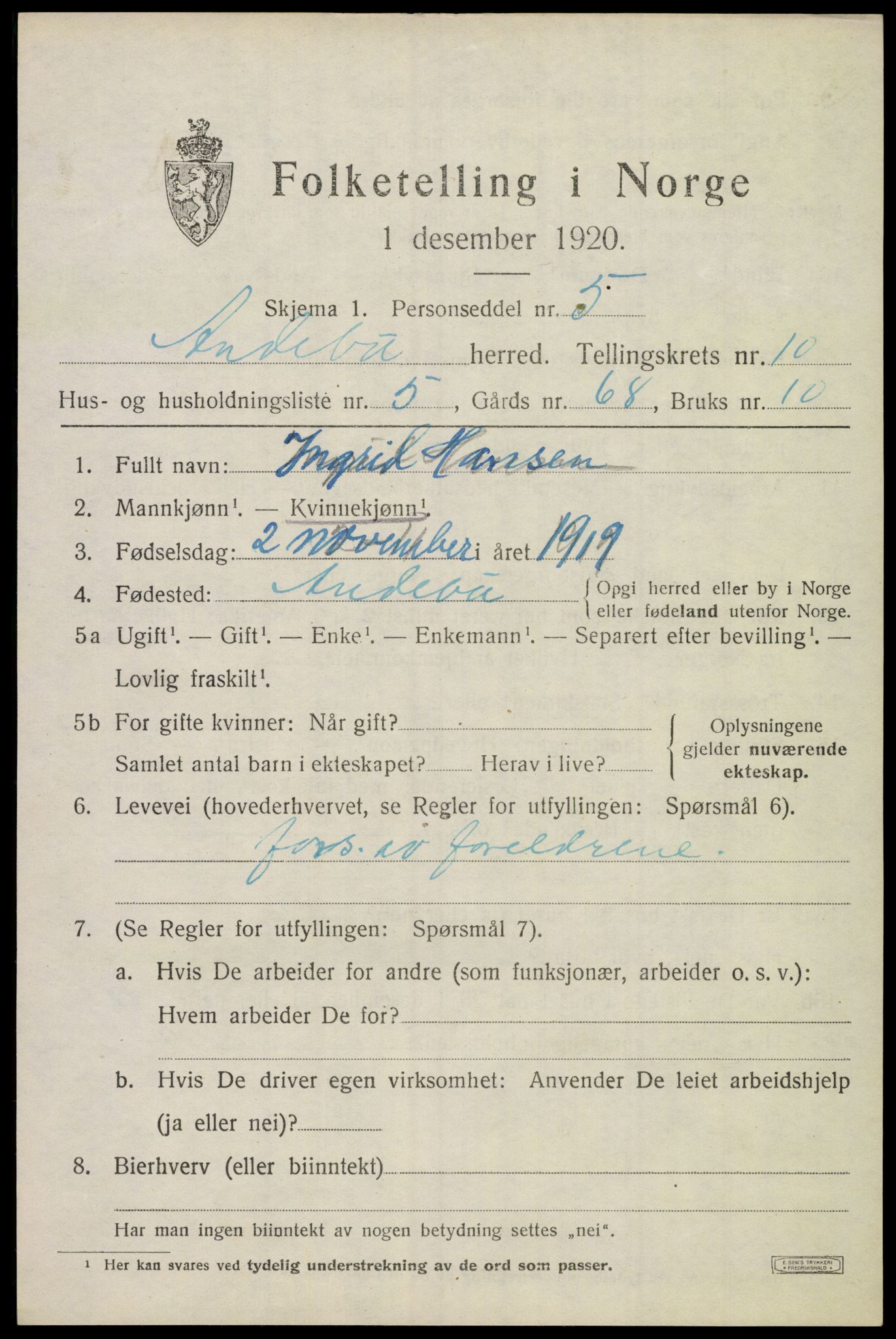 SAKO, 1920 census for Andebu, 1920, p. 4110