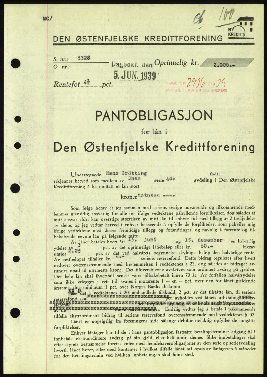 Aker herredsskriveri, AV/SAO-A-10896/G/Gb/Gbb/Gbbc/L0006: Mortgage book no. B62-63, 1939-1939, Diary no: : 2936/1939