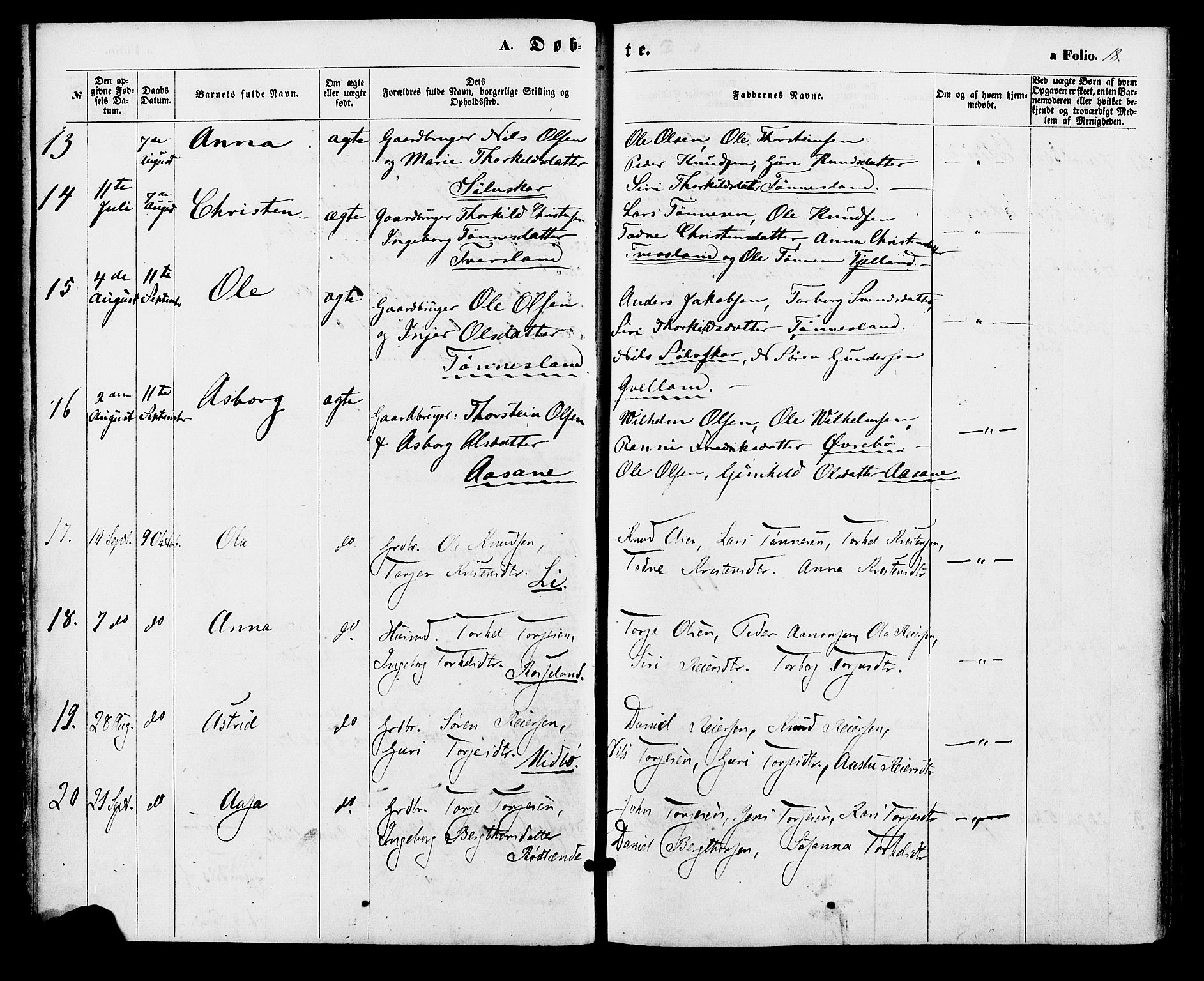 Bjelland sokneprestkontor, AV/SAK-1111-0005/F/Fa/Faa/L0003: Parish register (official) no. A 3, 1867-1887, p. 18