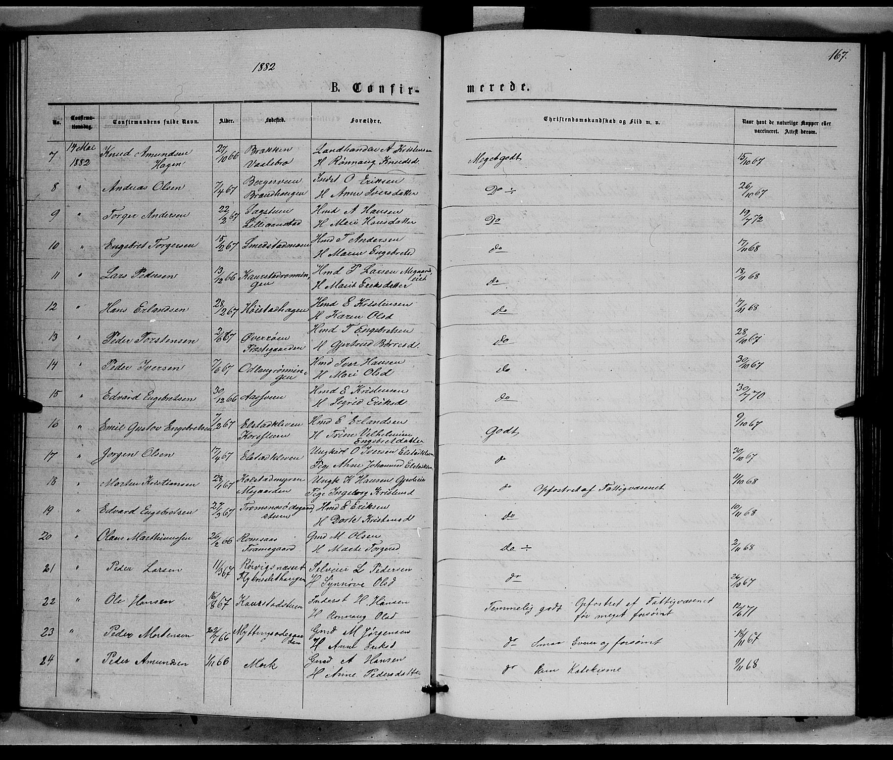 Ringebu prestekontor, SAH/PREST-082/H/Ha/Hab/L0006: Parish register (copy) no. 6, 1880-1898, p. 167
