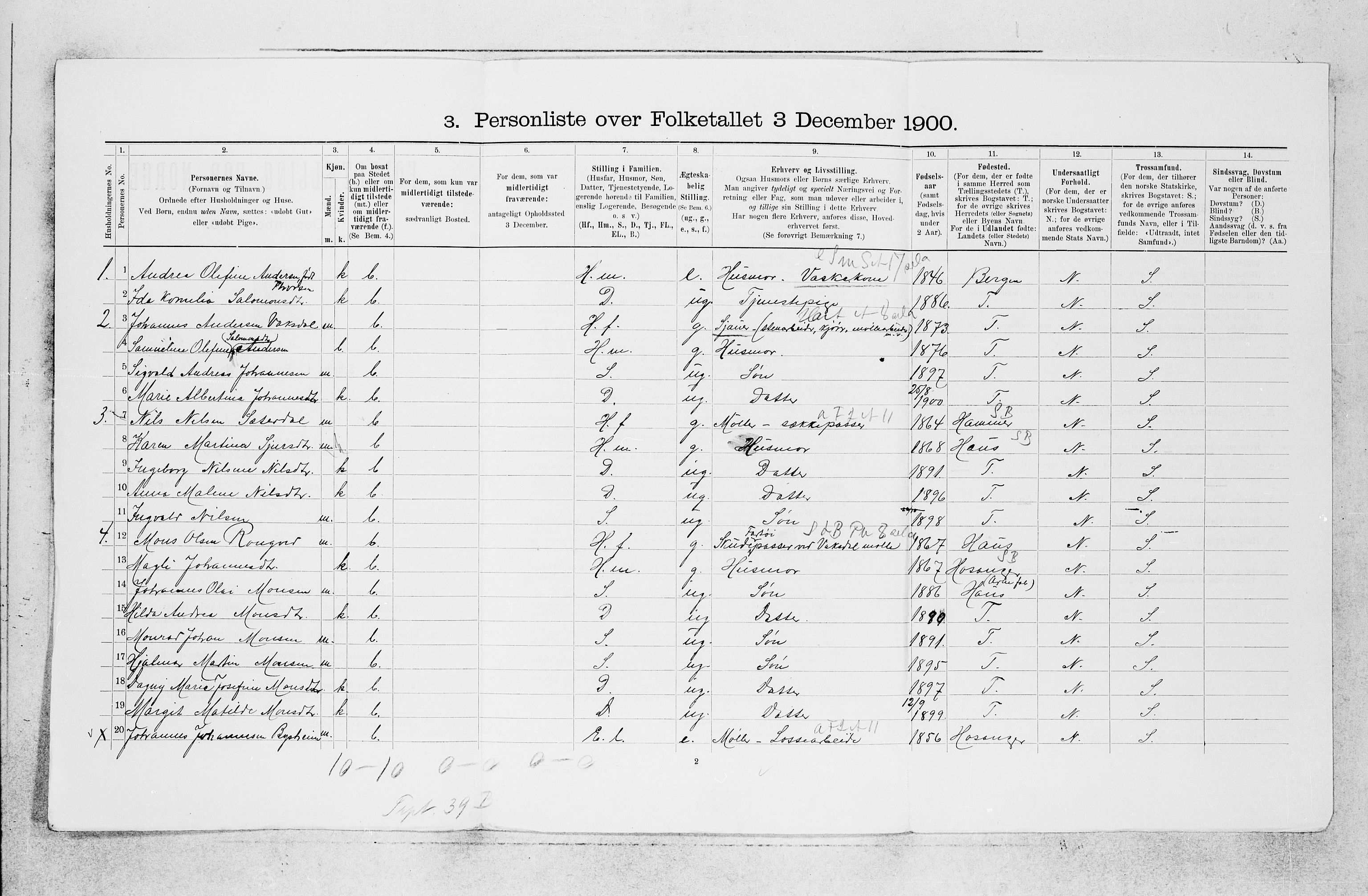 SAB, 1900 census for Bruvik, 1900, p. 419