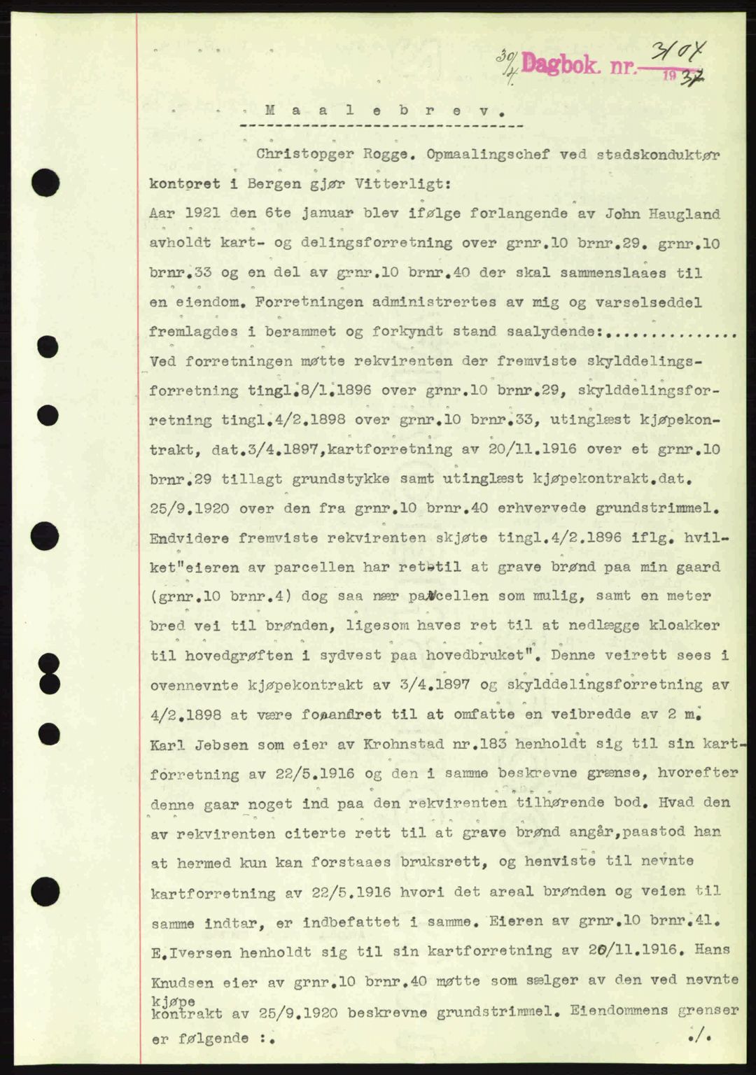 Byfogd og Byskriver i Bergen, SAB/A-3401/03/03Bc/L0004: Mortgage book no. A3-4, 1936-1937, Diary no: : 3104/1937