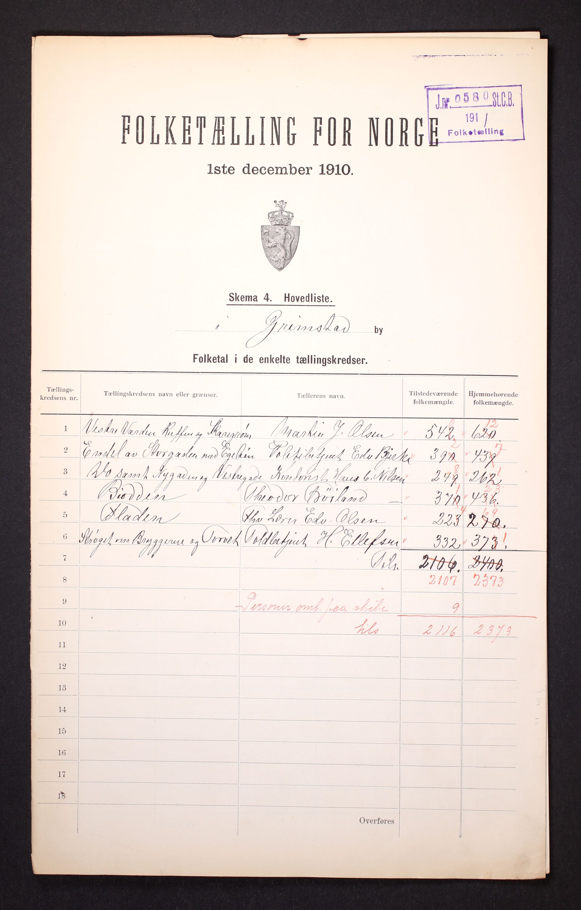 RA, 1910 census for Grimstad, 1910, p. 2