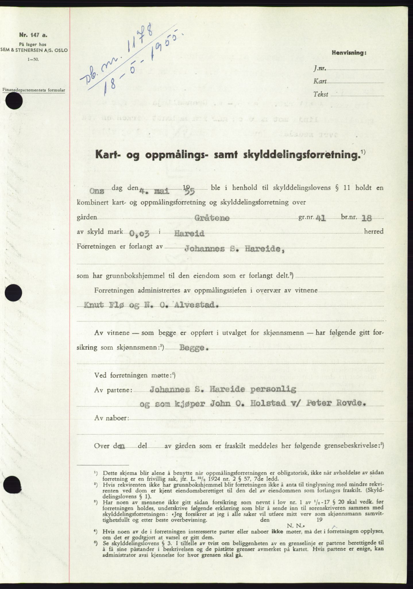 Søre Sunnmøre sorenskriveri, AV/SAT-A-4122/1/2/2C/L0101: Mortgage book no. 27A, 1955-1955, Diary no: : 1178/1955