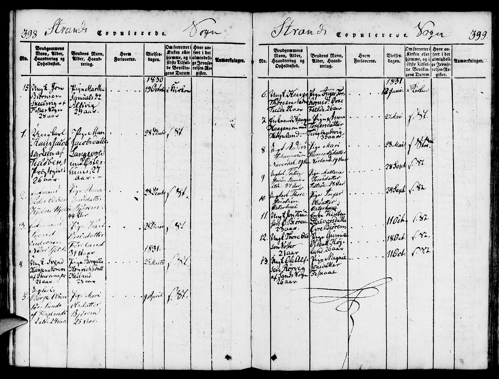 Strand sokneprestkontor, SAST/A-101828/H/Ha/Haa/L0004: Parish register (official) no. A 4 /1, 1816-1833, p. 398-399