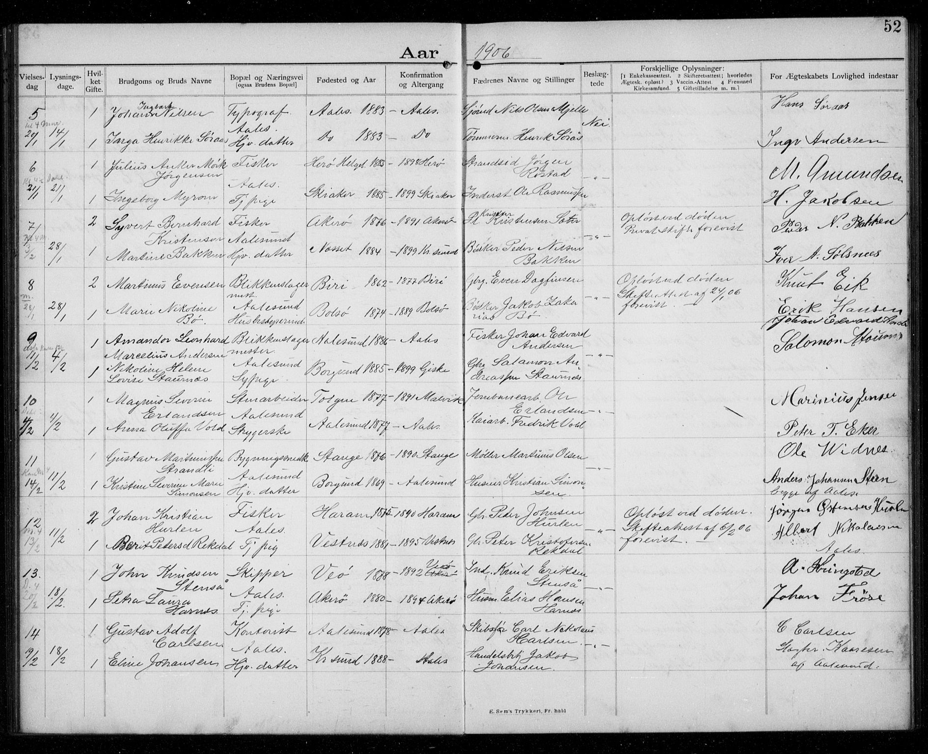 Ministerialprotokoller, klokkerbøker og fødselsregistre - Møre og Romsdal, AV/SAT-A-1454/529/L0458: Banns register no. 529A08, 1901-1918, p. 52