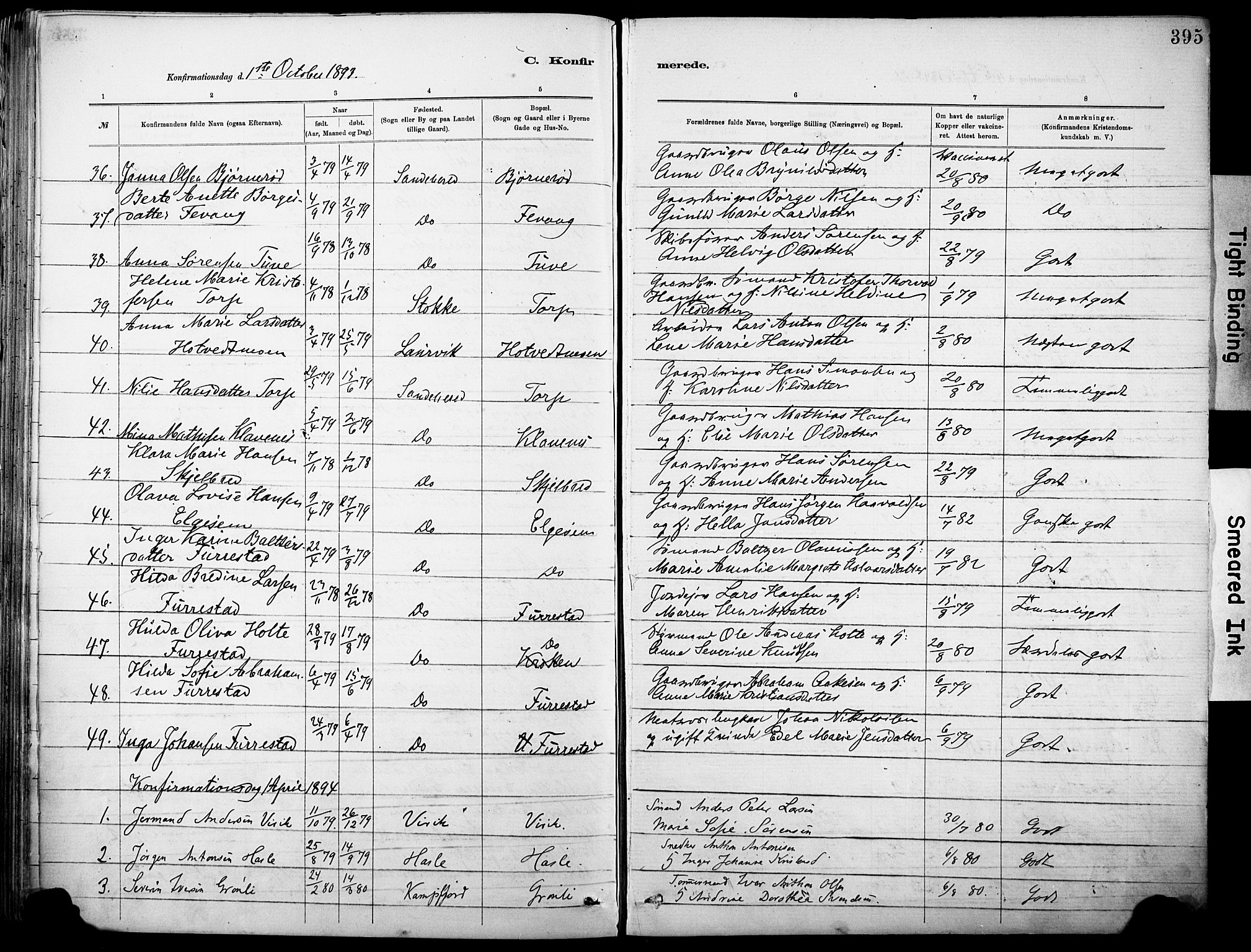 Sandar kirkebøker, SAKO/A-243/F/Fa/L0012: Parish register (official) no. 12, 1883-1895, p. 395