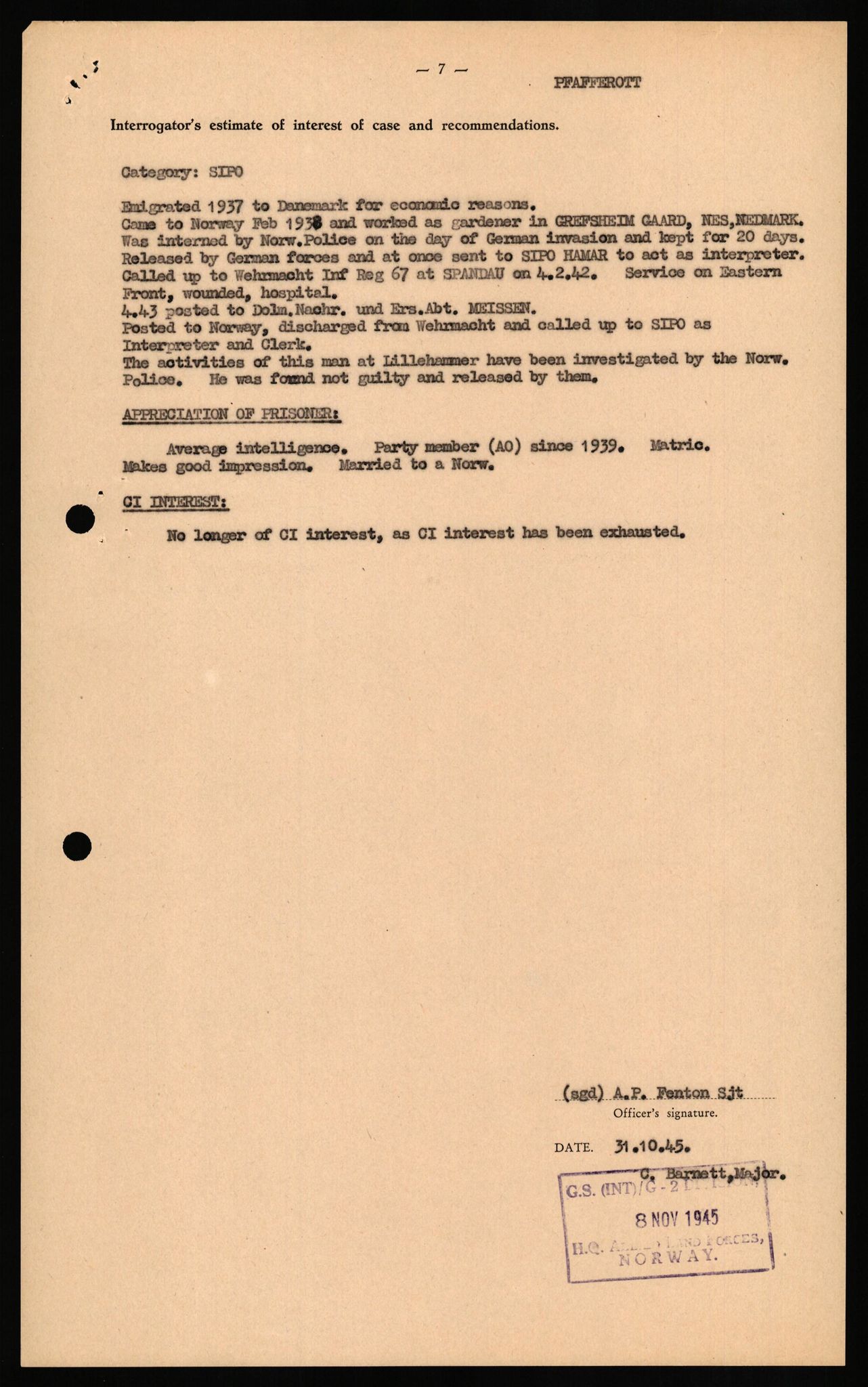 Forsvaret, Forsvarets overkommando II, AV/RA-RAFA-3915/D/Db/L0026: CI Questionaires. Tyske okkupasjonsstyrker i Norge. Tyskere., 1945-1946, p. 63