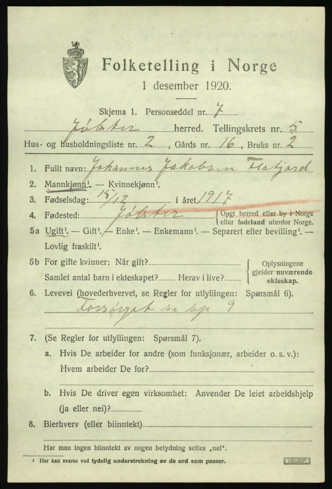 SAB, 1920 census for Jølster, 1920, p. 2952