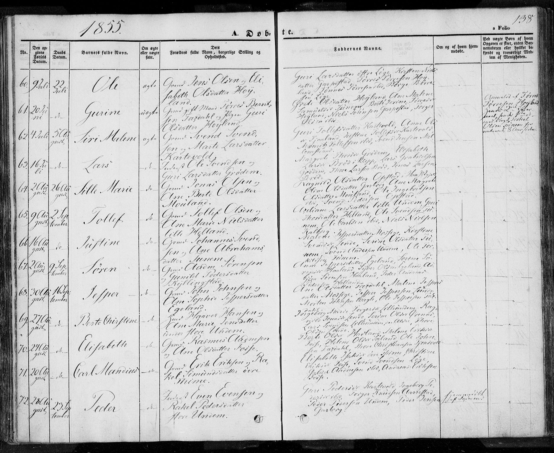 Lye sokneprestkontor, AV/SAST-A-101794/001/30BA/L0005: Parish register (official) no. A 5.1, 1842-1855, p. 138