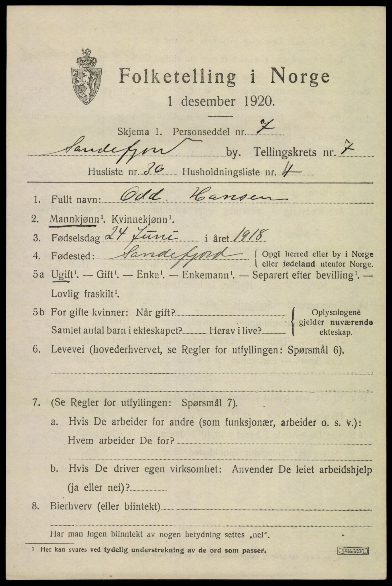 SAKO, 1920 census for Sandefjord, 1920, p. 11094