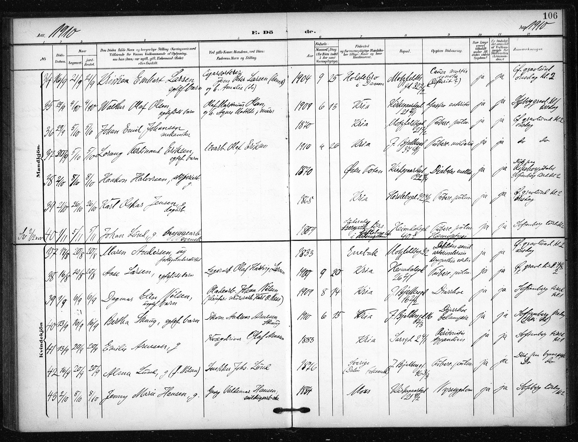 Tøyen prestekontor Kirkebøker, AV/SAO-A-10167a/F/Fa/L0002: Parish register (official) no. I 2, 1907-1916, p. 106