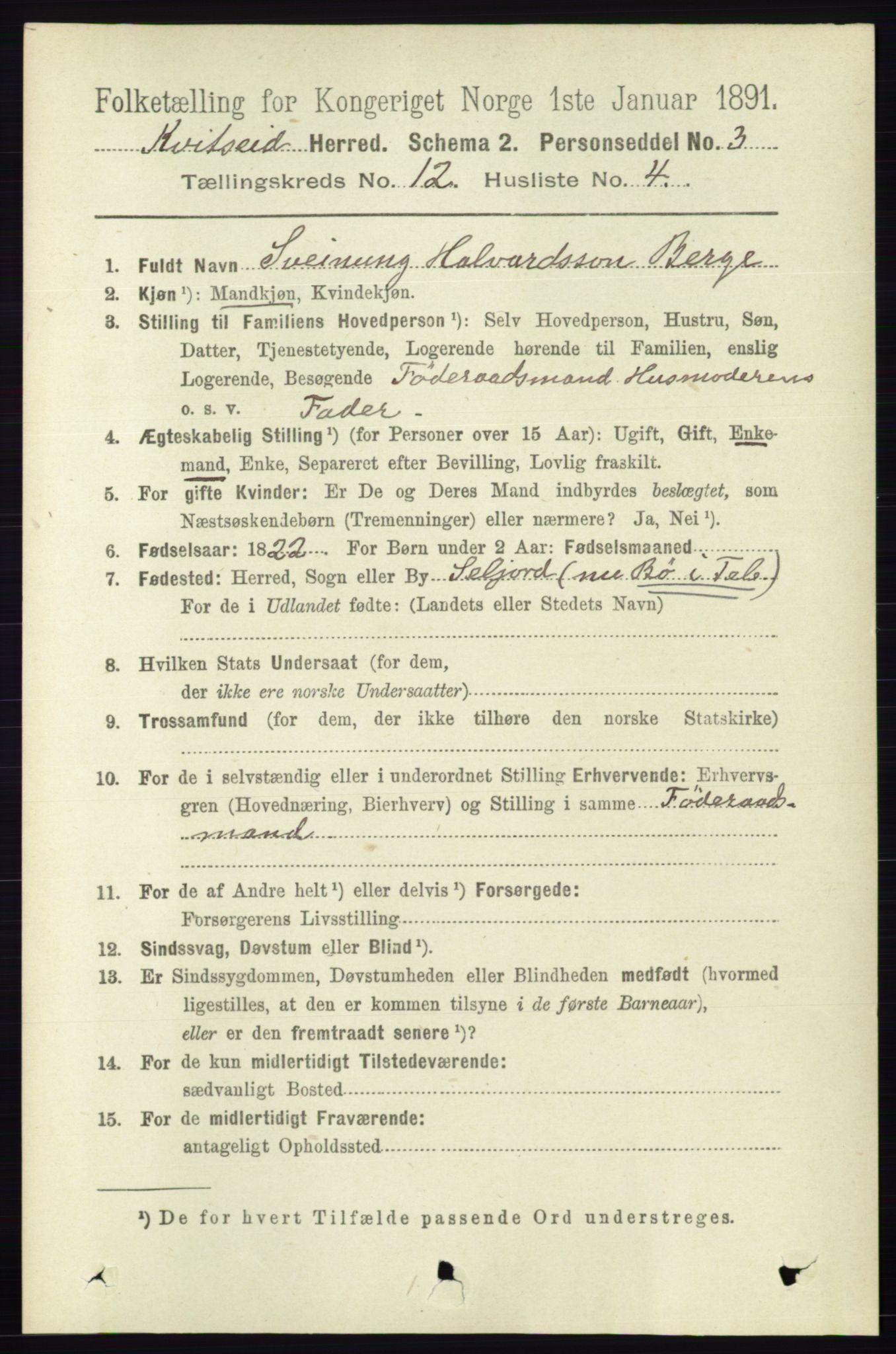 RA, 1891 census for 0829 Kviteseid, 1891, p. 2858